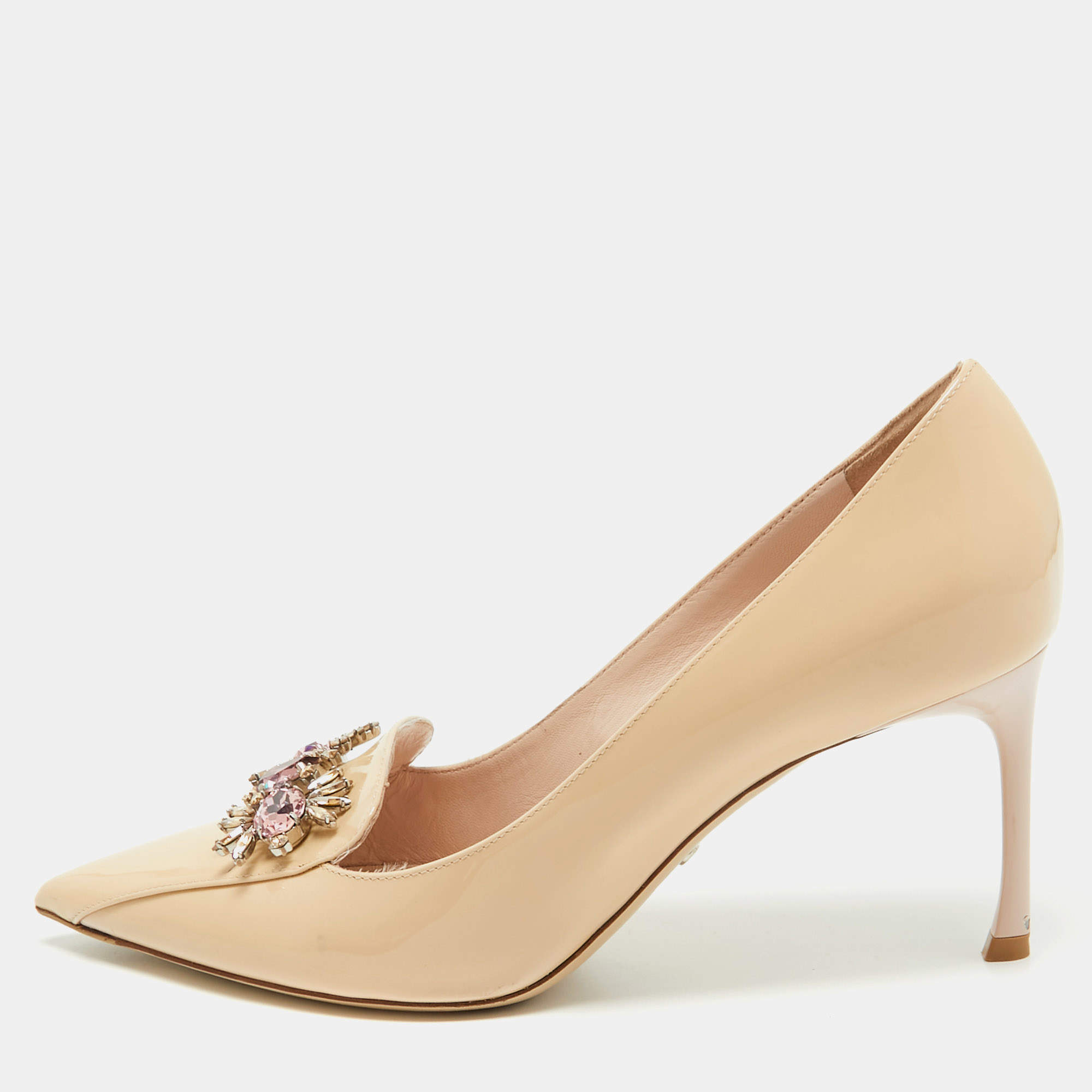 Dior Beige Patent Crystal Embellished Loafer Pumps Size 38 