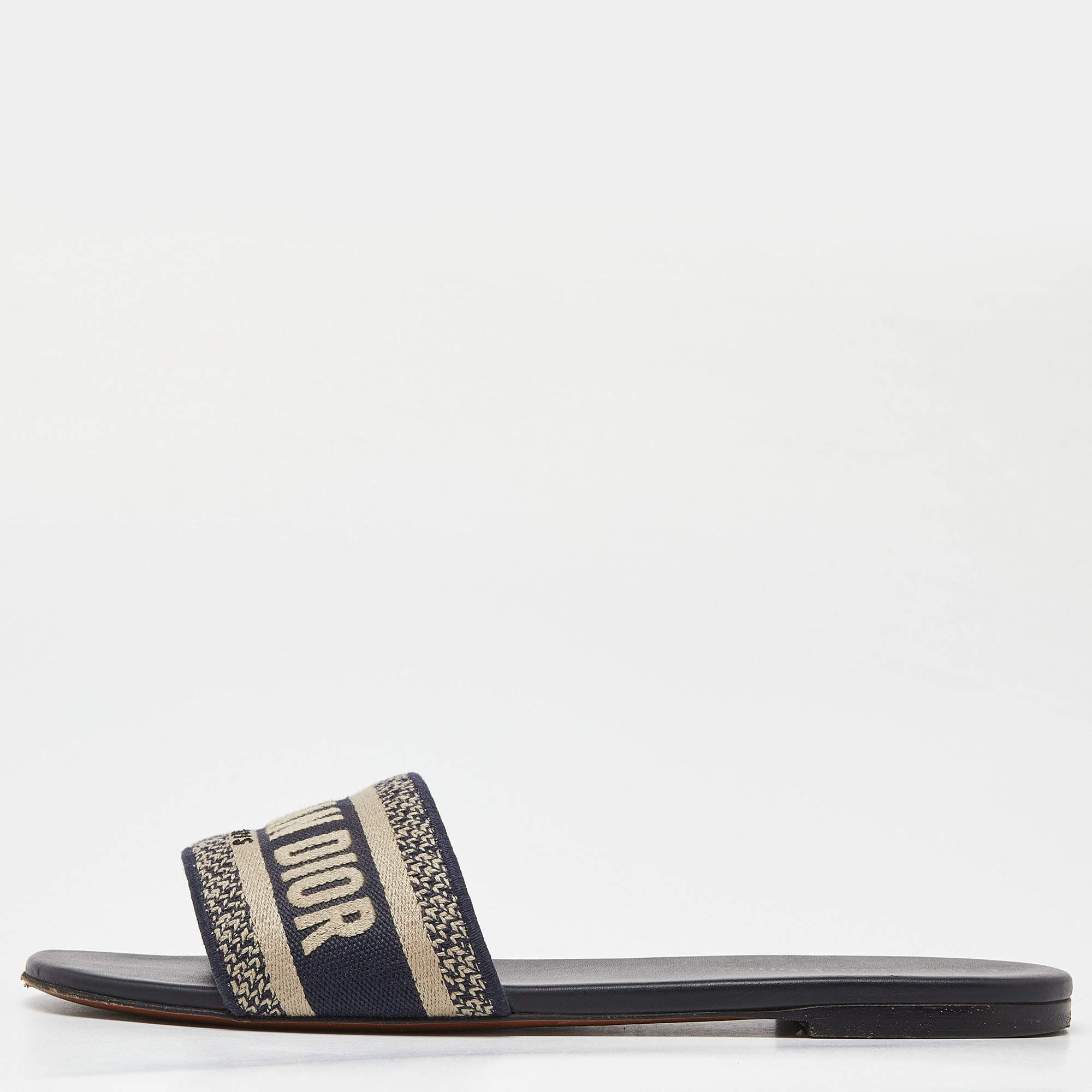 Dior Blue/White Embroidered Canvas Dway Flats Slides Size 40