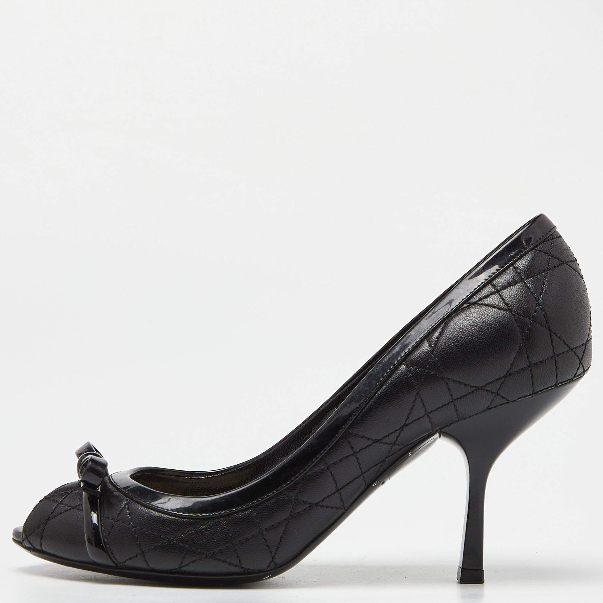 Pre Owned Dior Black Cannage Leather Bow Peep Toe Pumps Size 36.5