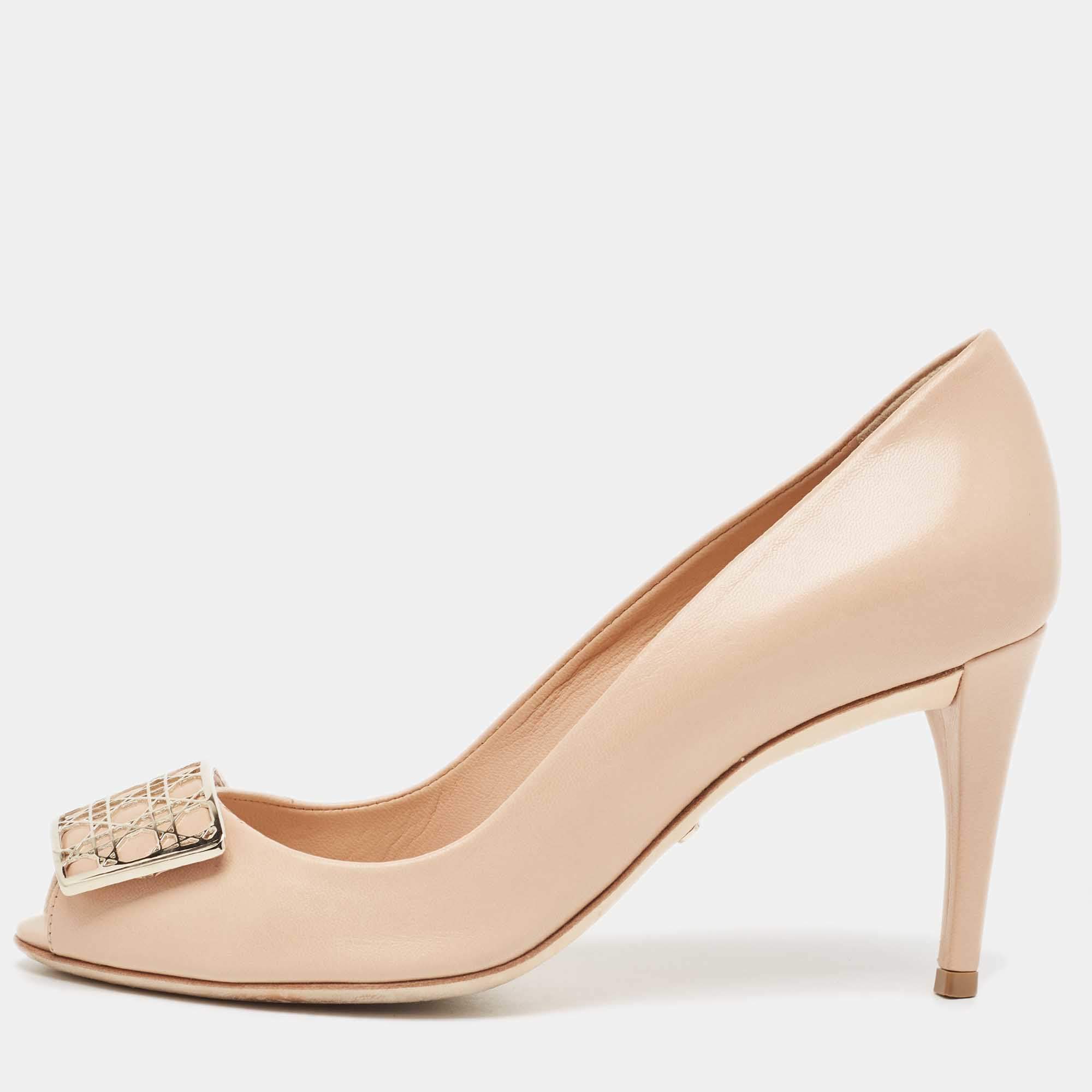 Pre Owned Dior Beige Leather Cannage Peep Toe Pumps Size 36.5