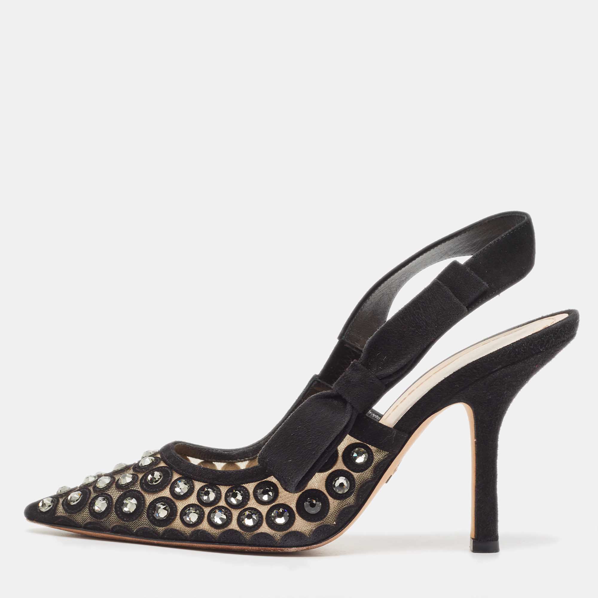 Dior Black Crystal Embellished Suede and Mesh J'adior Slingback Pumps Size 38.5
