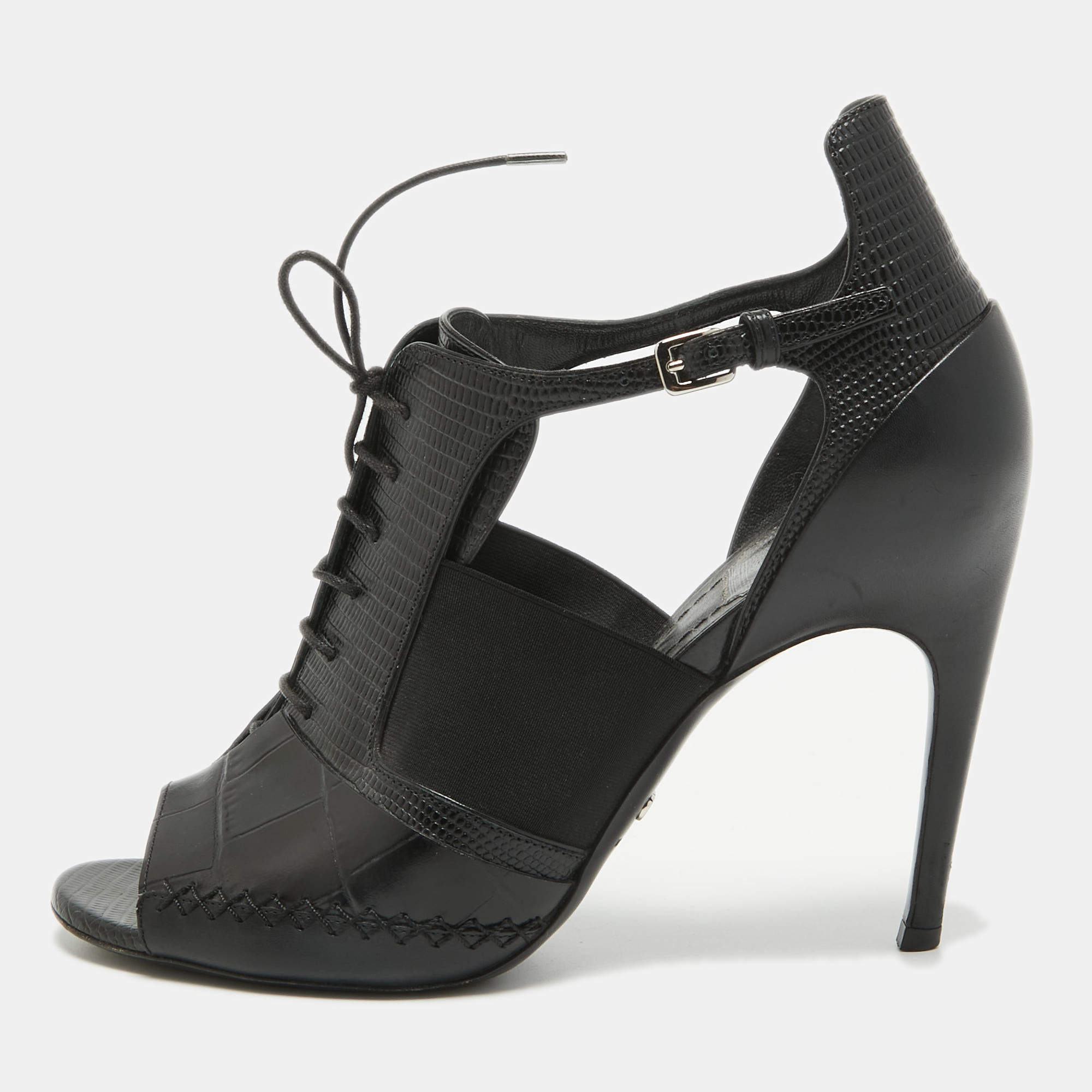 Dior Black Leather and Lizard Embossed Booties Size 38.5   
