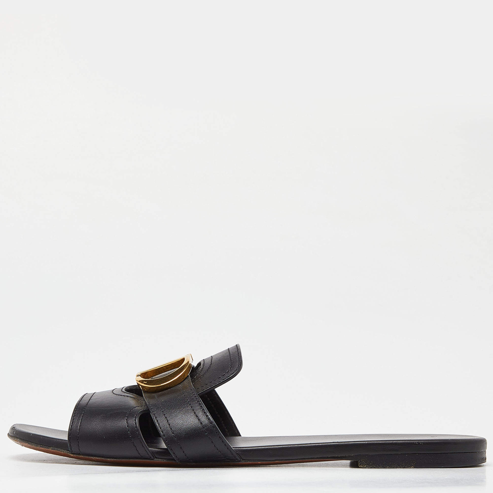 Dior Black Leather 30 Montaigne Flat Slide Sandals Size 39.5
