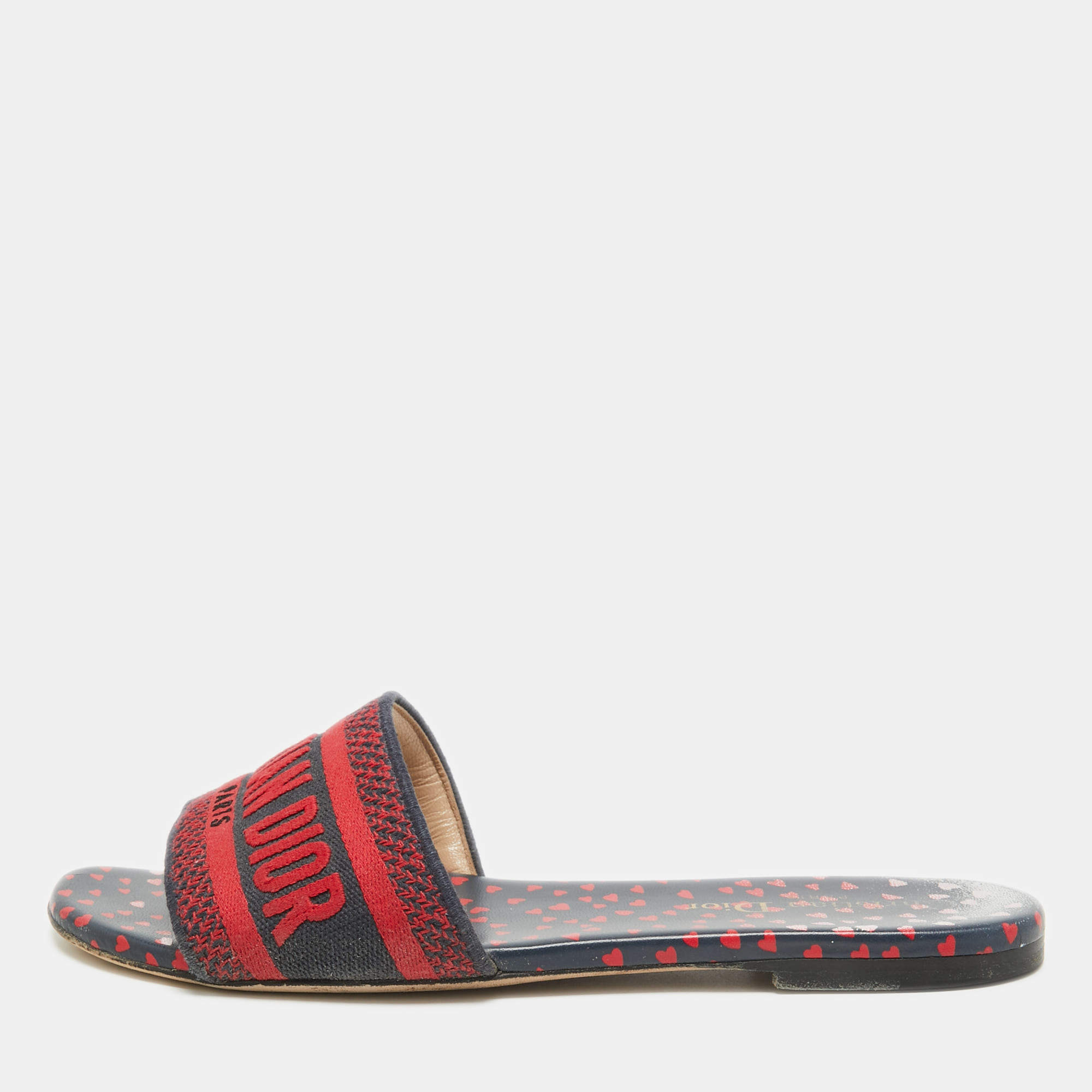 Dior Red/Blue Pop Heart I Love Paris Embroidered Canvas Dway Flat Slides Size 37