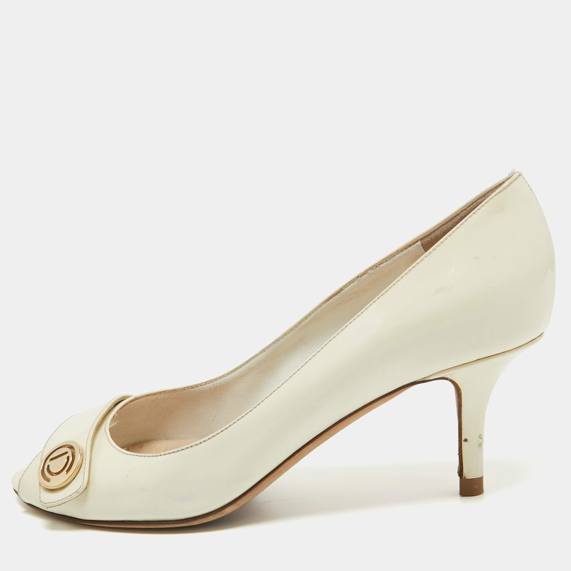 Dior Cream Patent Leather Peep Toe Pumps Size 38