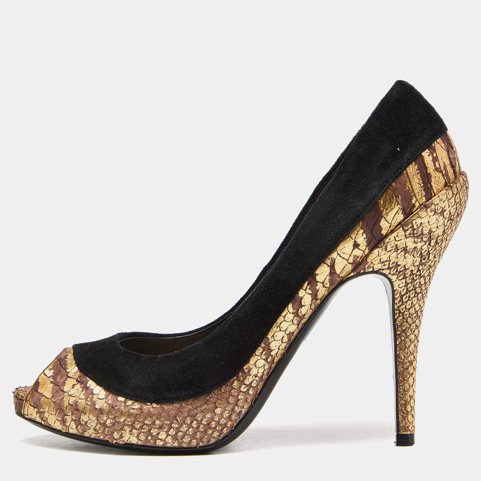 Dior Tri Color Suede and Python Peep Toe Pumps Size 38