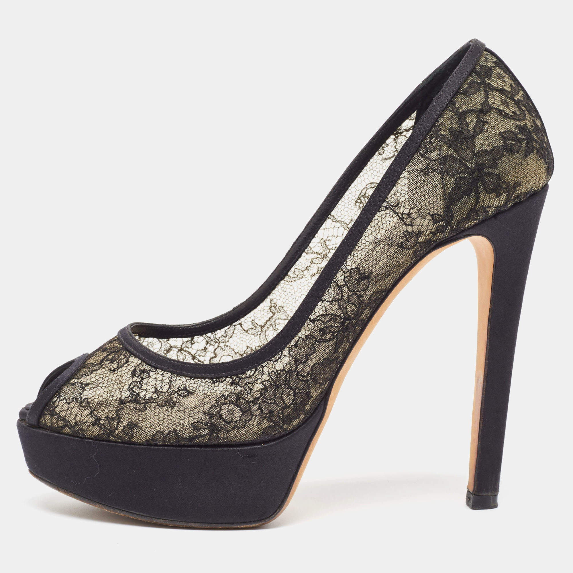 Pre Owned Dior Black Lace and Satin Peep Toe Platform Pumps Size 37.5