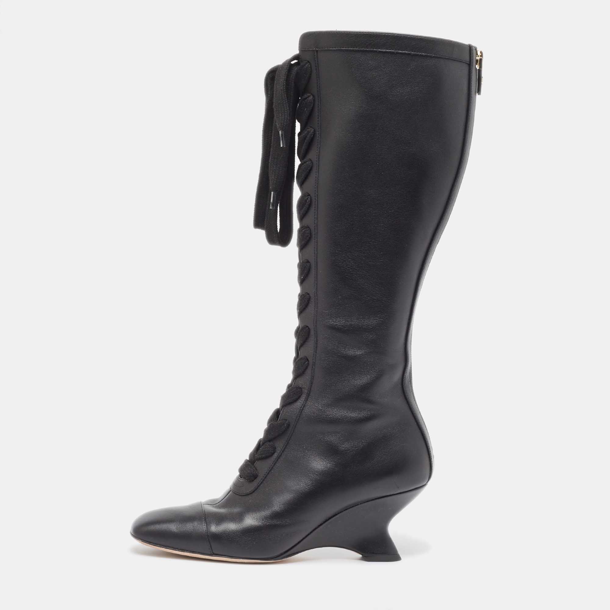 Dior Black Leather Naughtily-D Wedge Boots Size 39