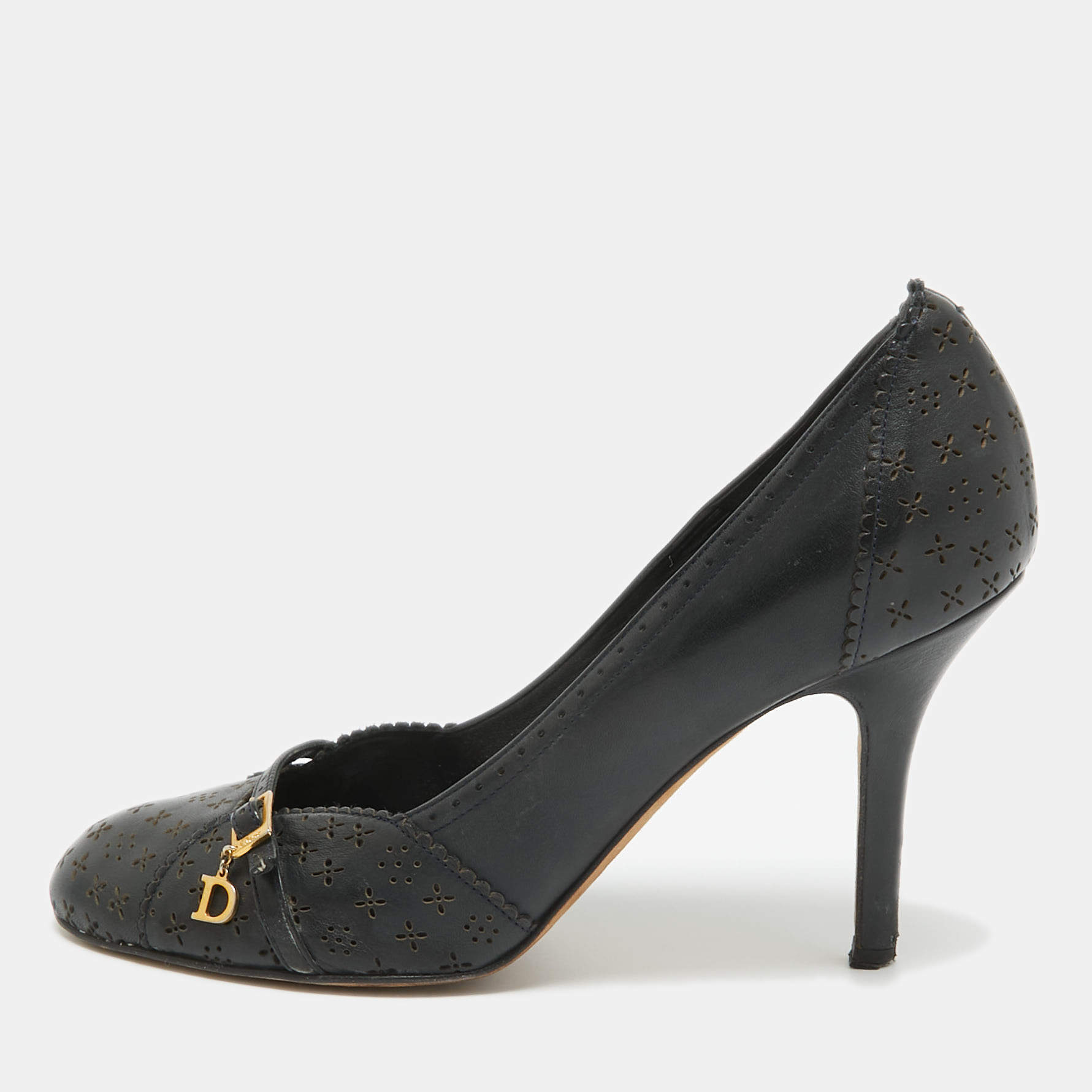 Dior Navy Blue Leather Buckle Round Toe Pumps Size 38.5