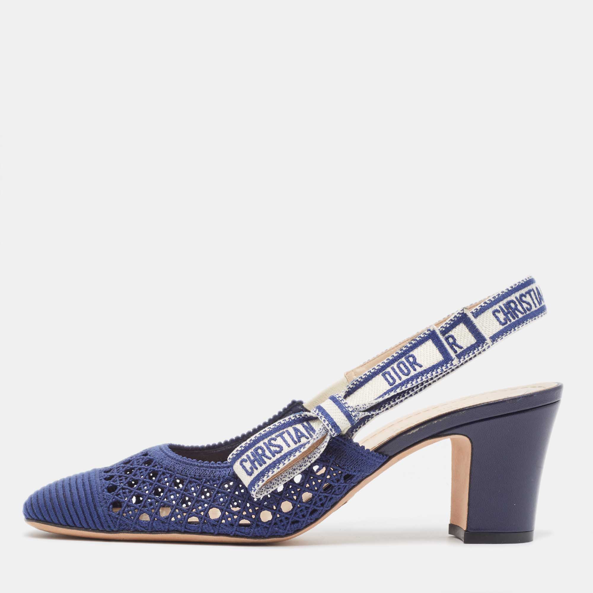 Dior Blue/White Mesh D-Moi Slingback Pumps Size 38.5