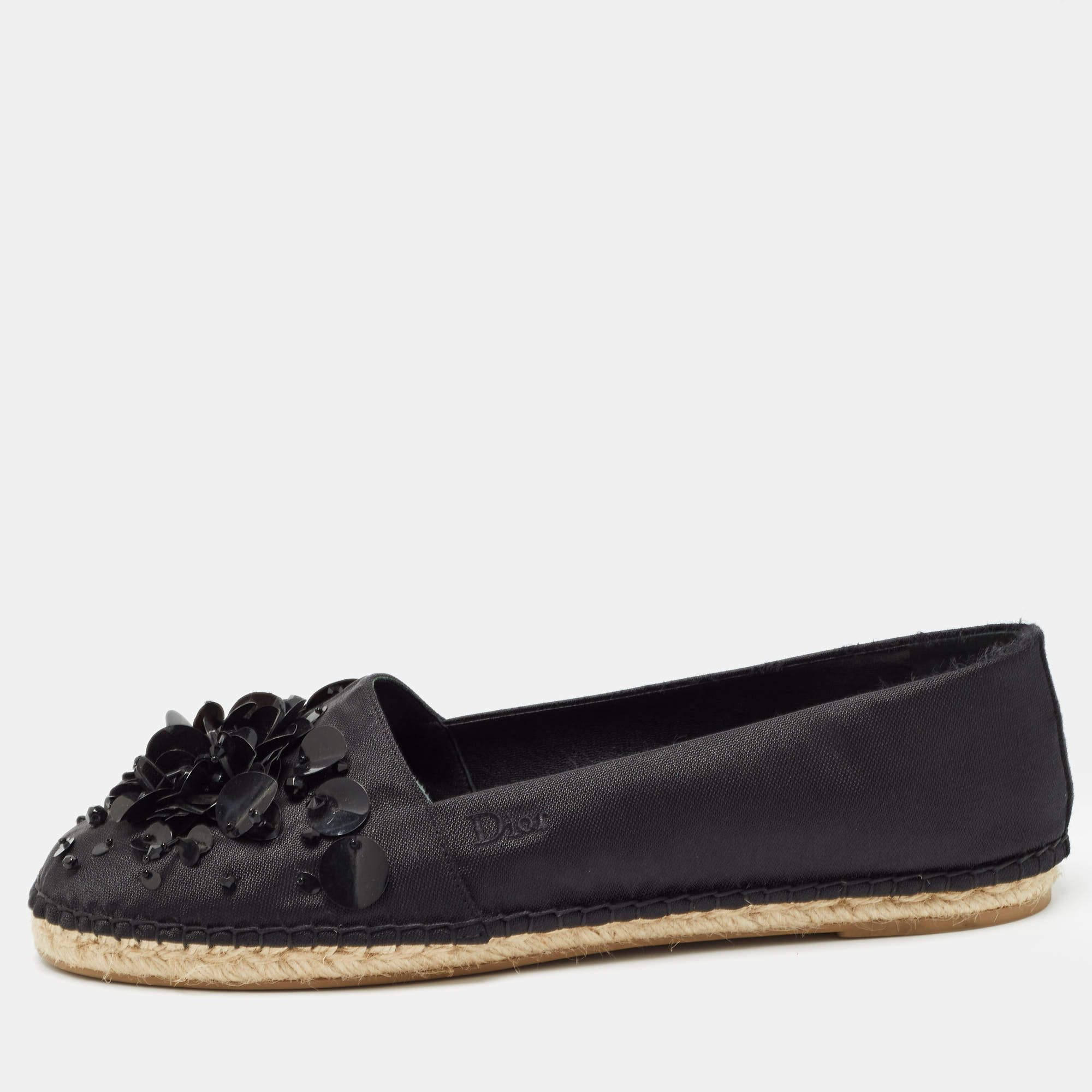 Dior Black Canvas Crystal Embellished Slip On Espadrille Flats Size 42 