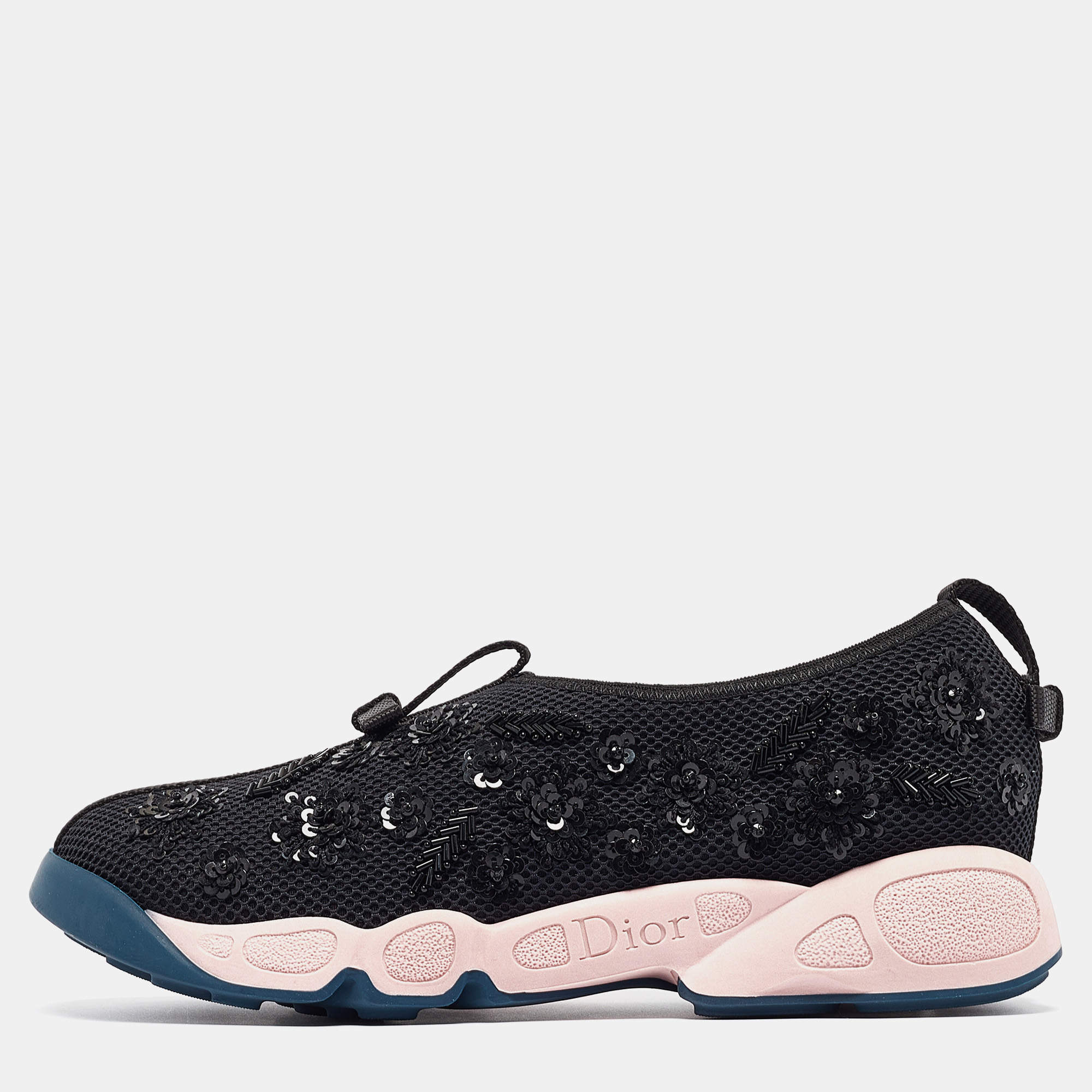 Pre Owned Dior Black/Pink Nylon Fusion Embellished Sneakers Size 36.5