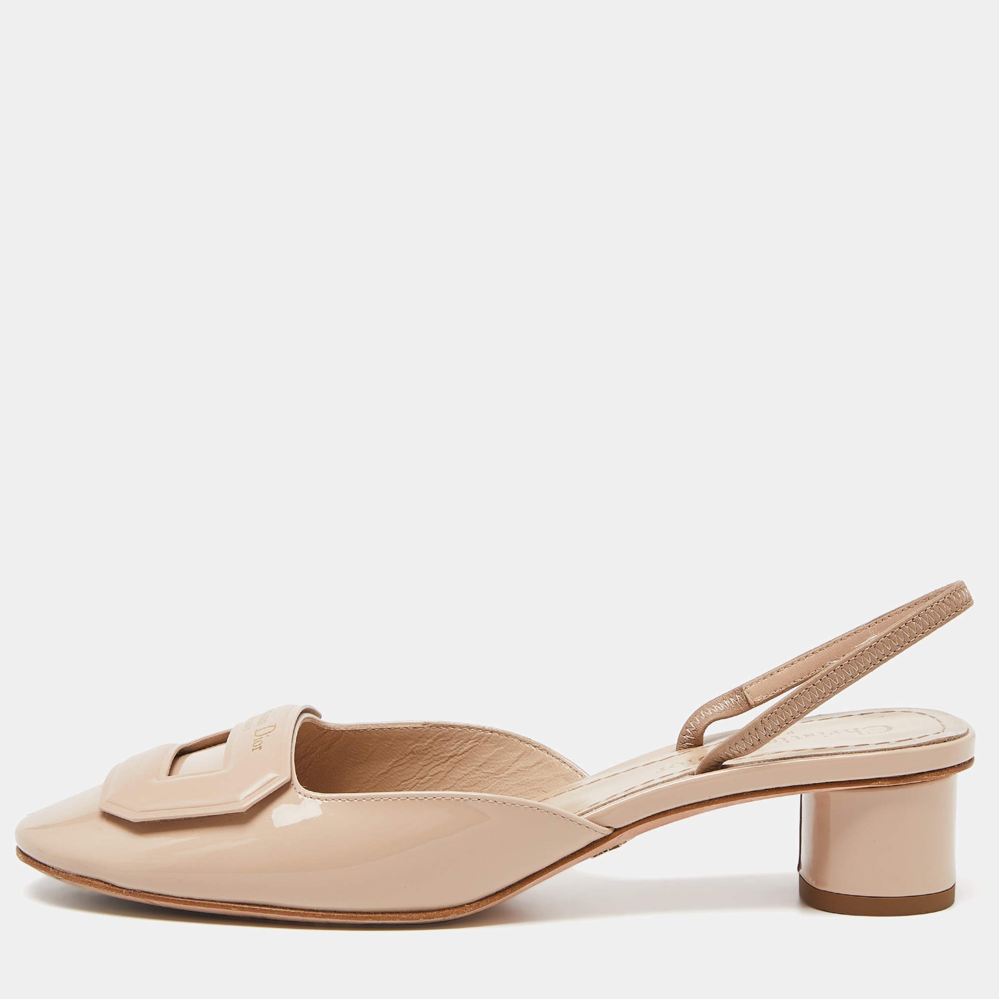 Dior Beige Patent Leather Day Block Heel Slingback Sandals Size 37