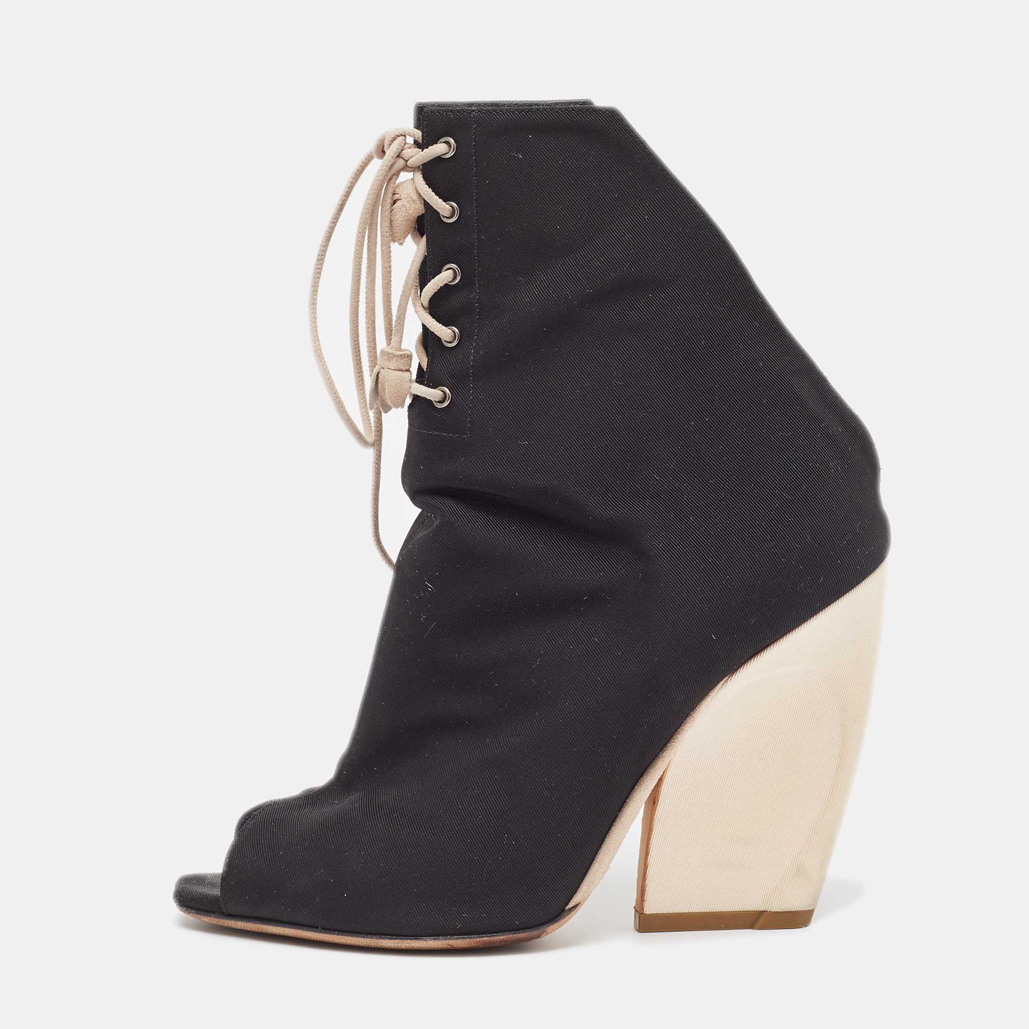 Dior Black Canvas Open Toe Lace Up Ankle Boots Size 37.5