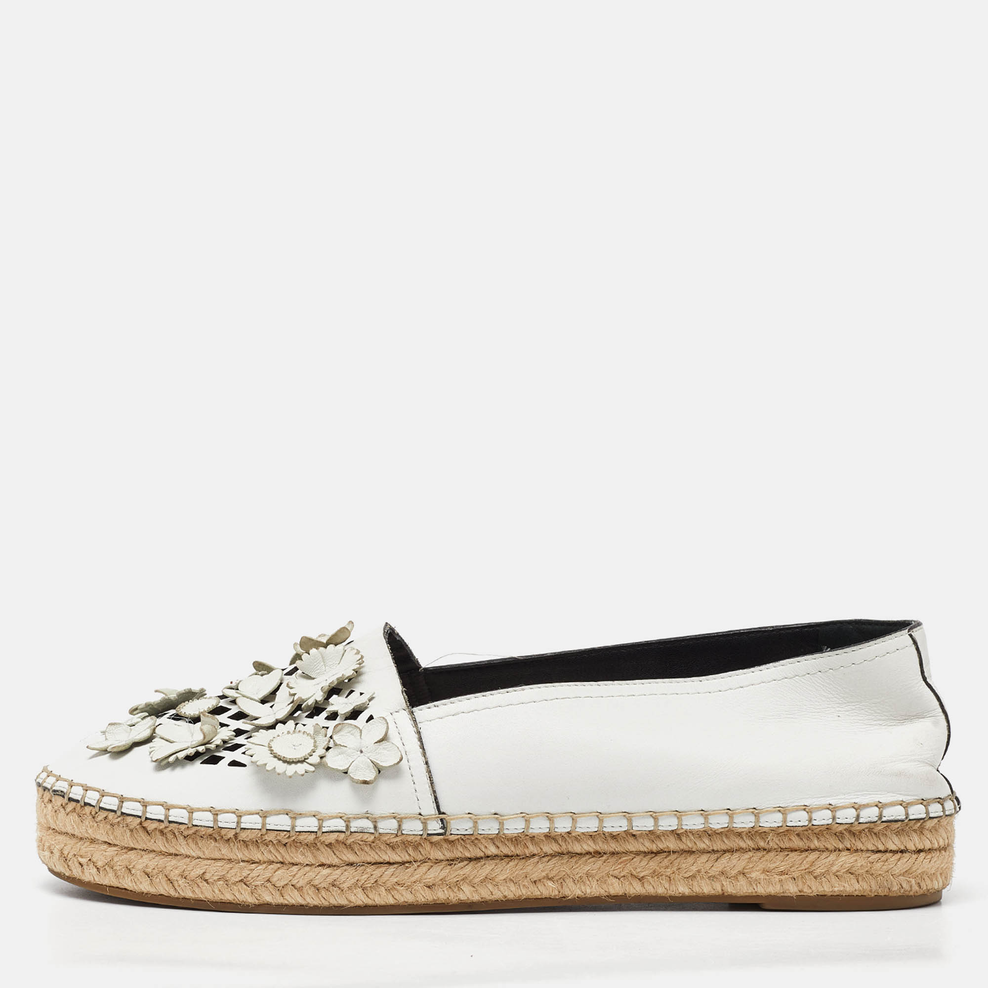 Dior White Laser Cut Leather Flower Applique Flore Flat Espadrilles Size 39