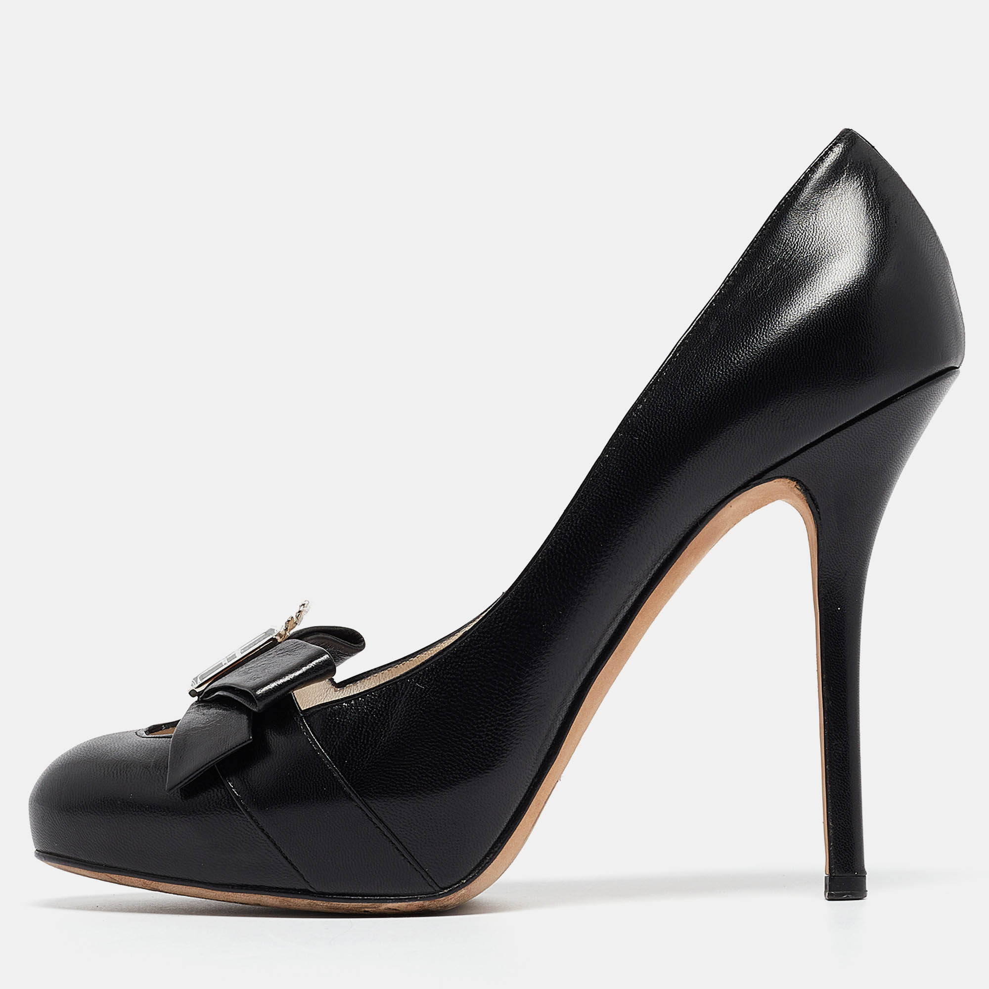 مملوكة مسبقًا Dior Black Leather Bow Crystal Embellished Pumps Size 38