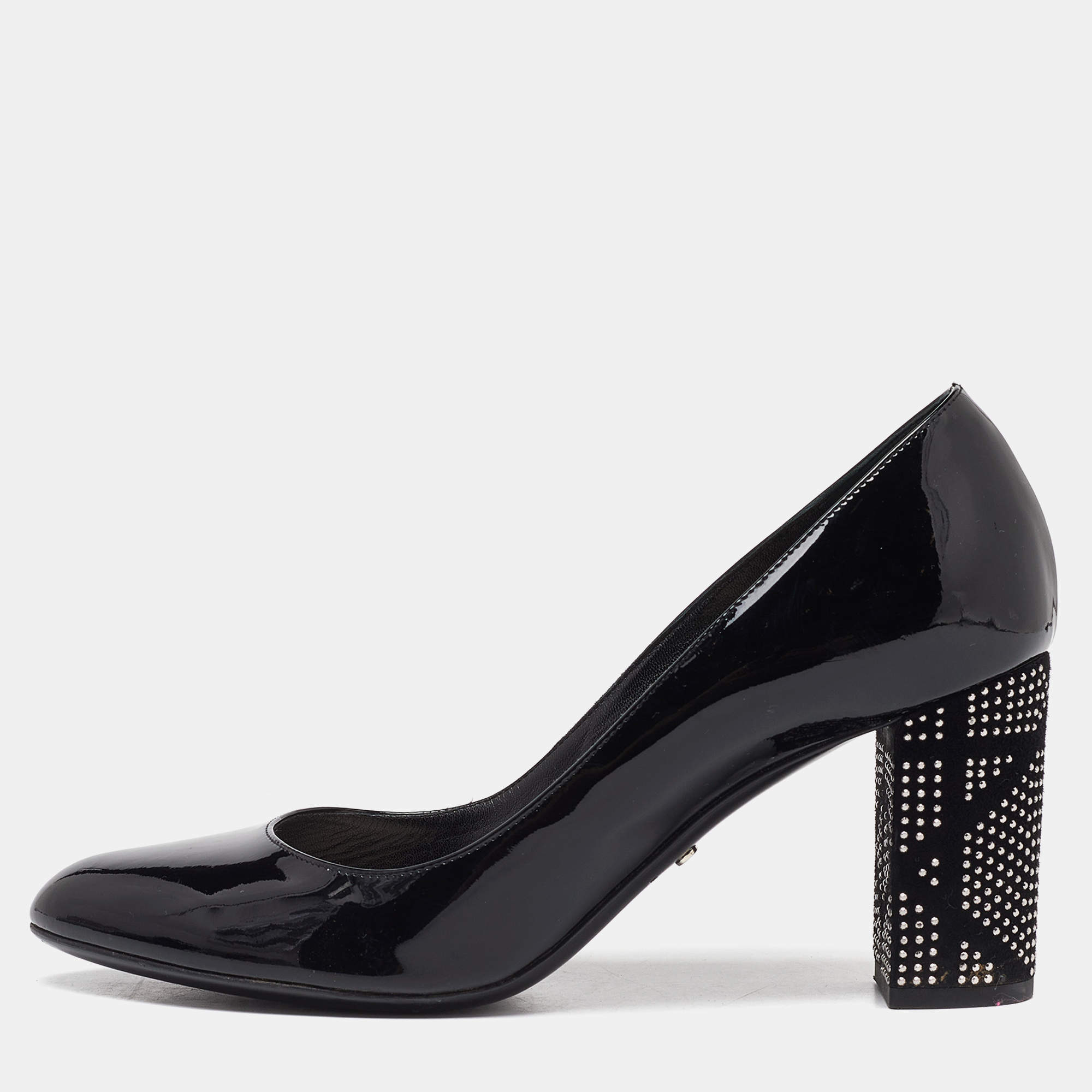 Dior Black Patent Leather Stud Embellished Block Heel Pumps Size 40
