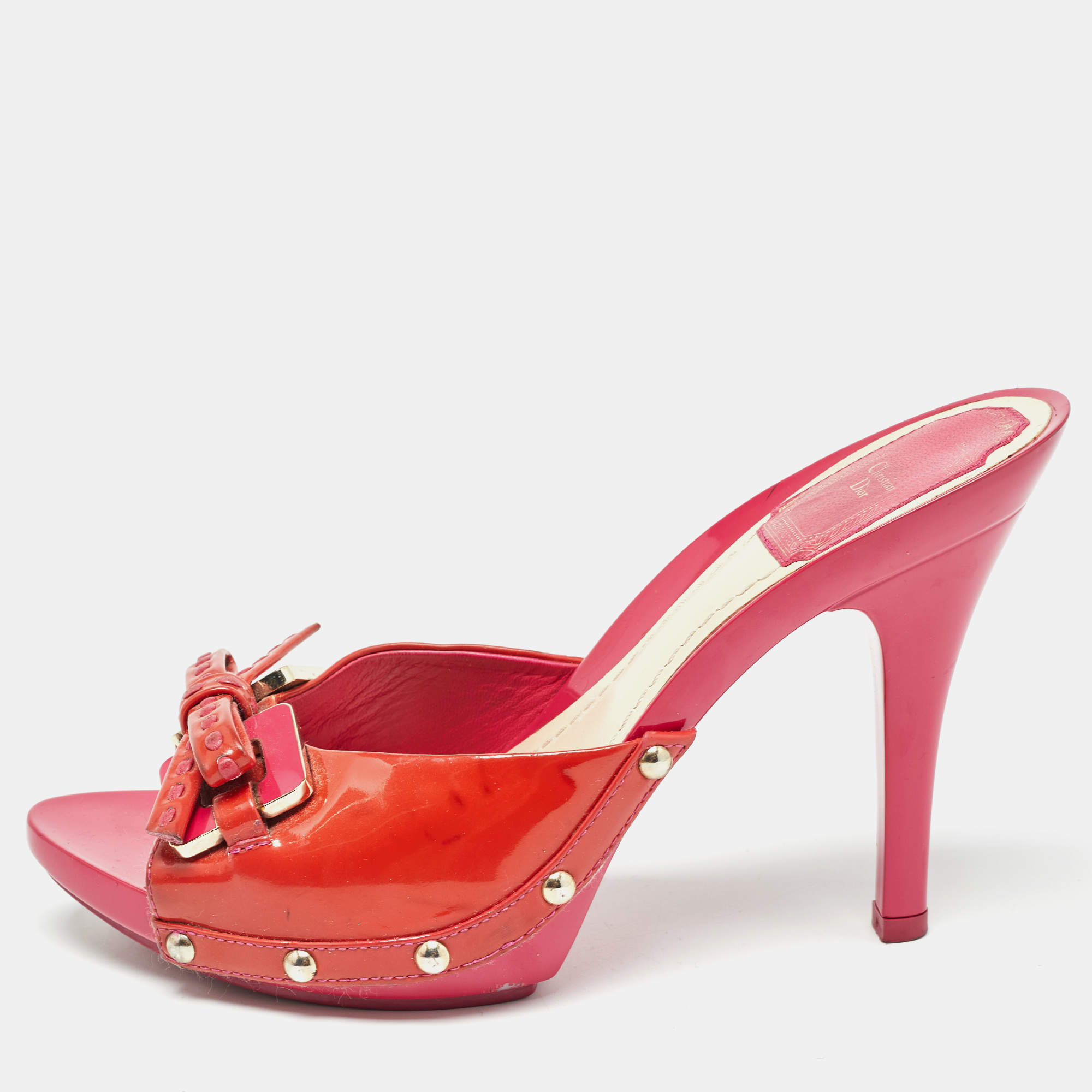 Dior Pink Patent Leather Bow Slide Sandals Size 36