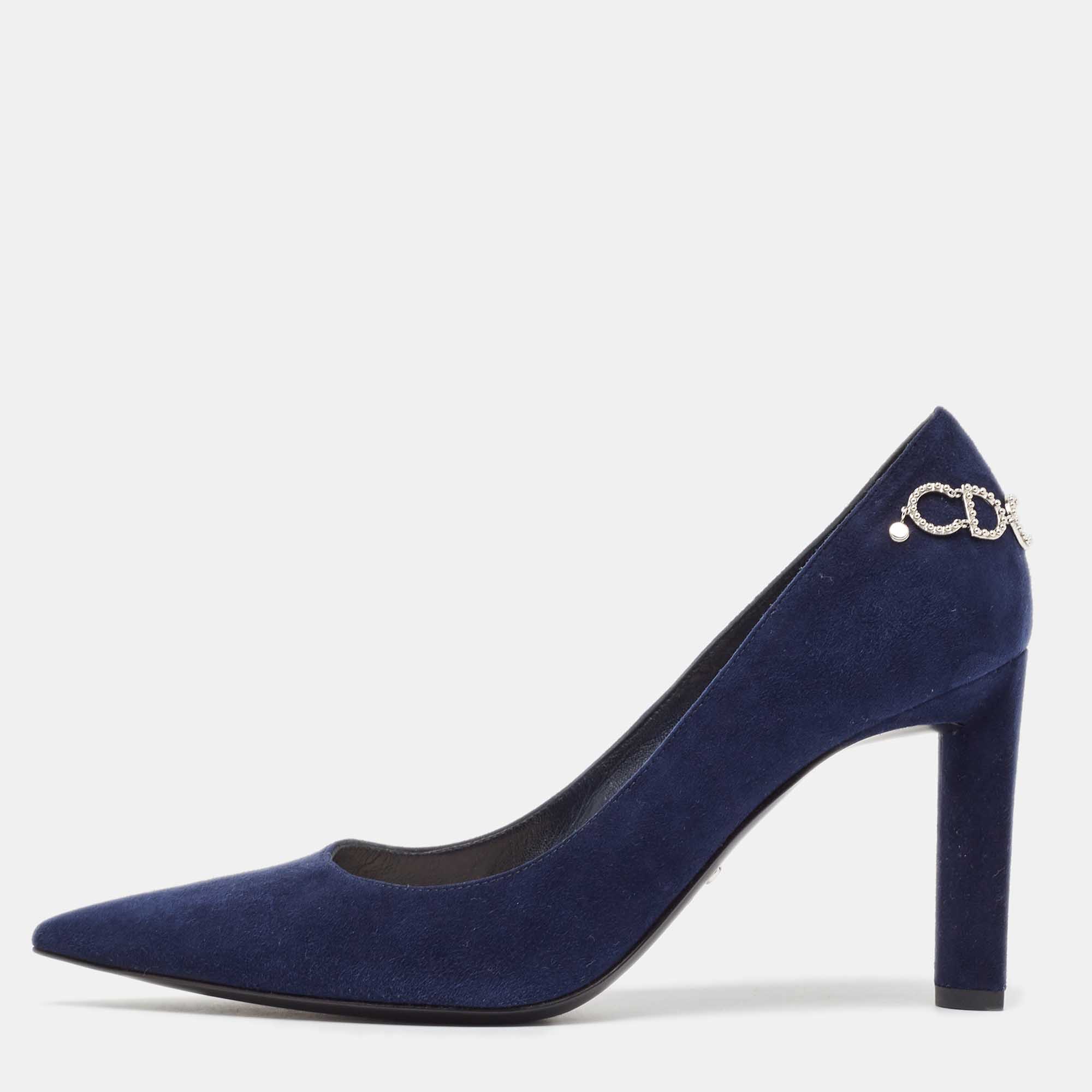 Pre Owned Dior Navy Blue Suede CD Chain Detail Pointed Toe Pumps Size 38.5