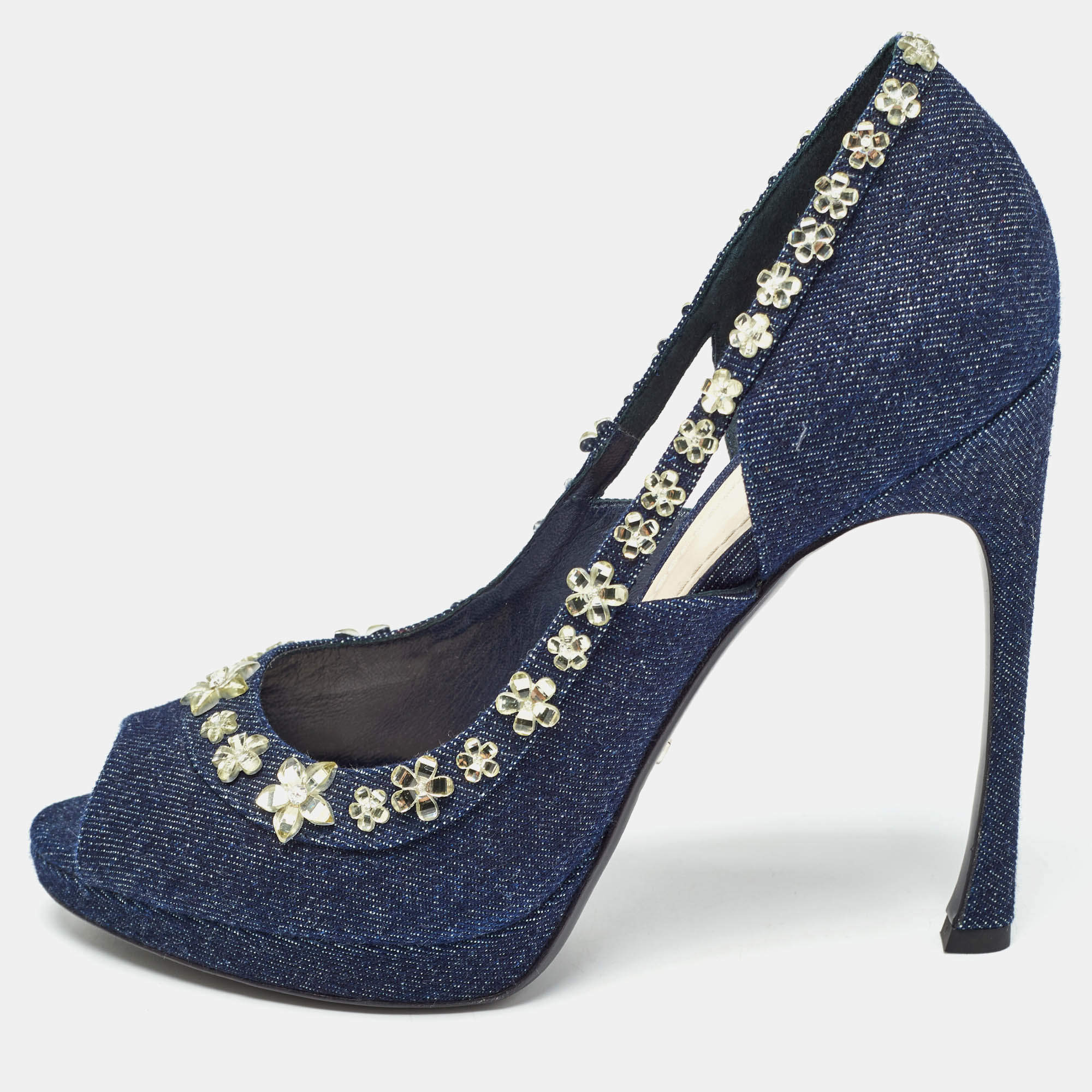 Dior Navy Blue Denim Crystal Embellished Peep Toe Pumps Size 40.5