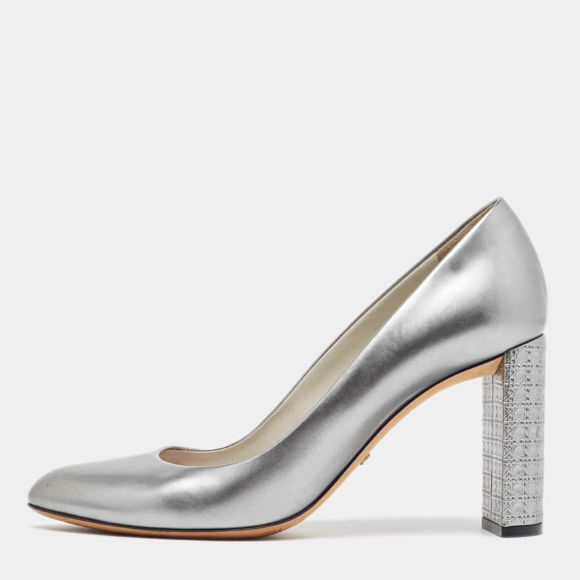Dior Silver Leather Cannage  Block Heel Pumps Size 38