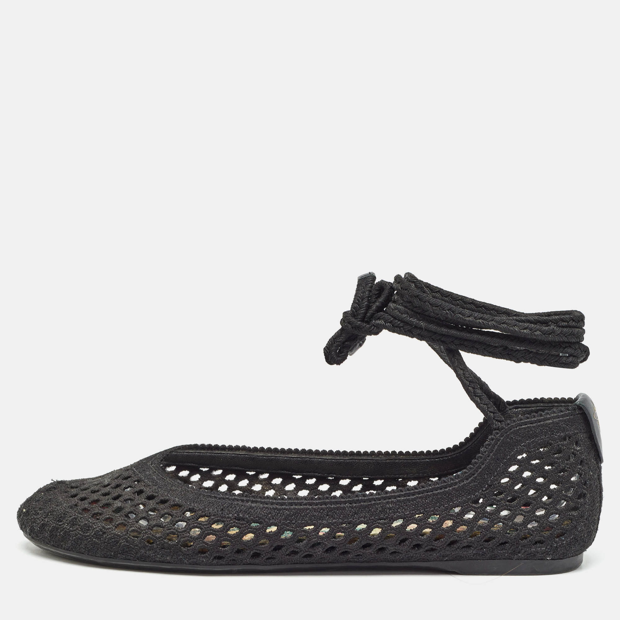 Dior Black Embroidered Mesh Poeme Ankle Tie Ballet Flats Size 37