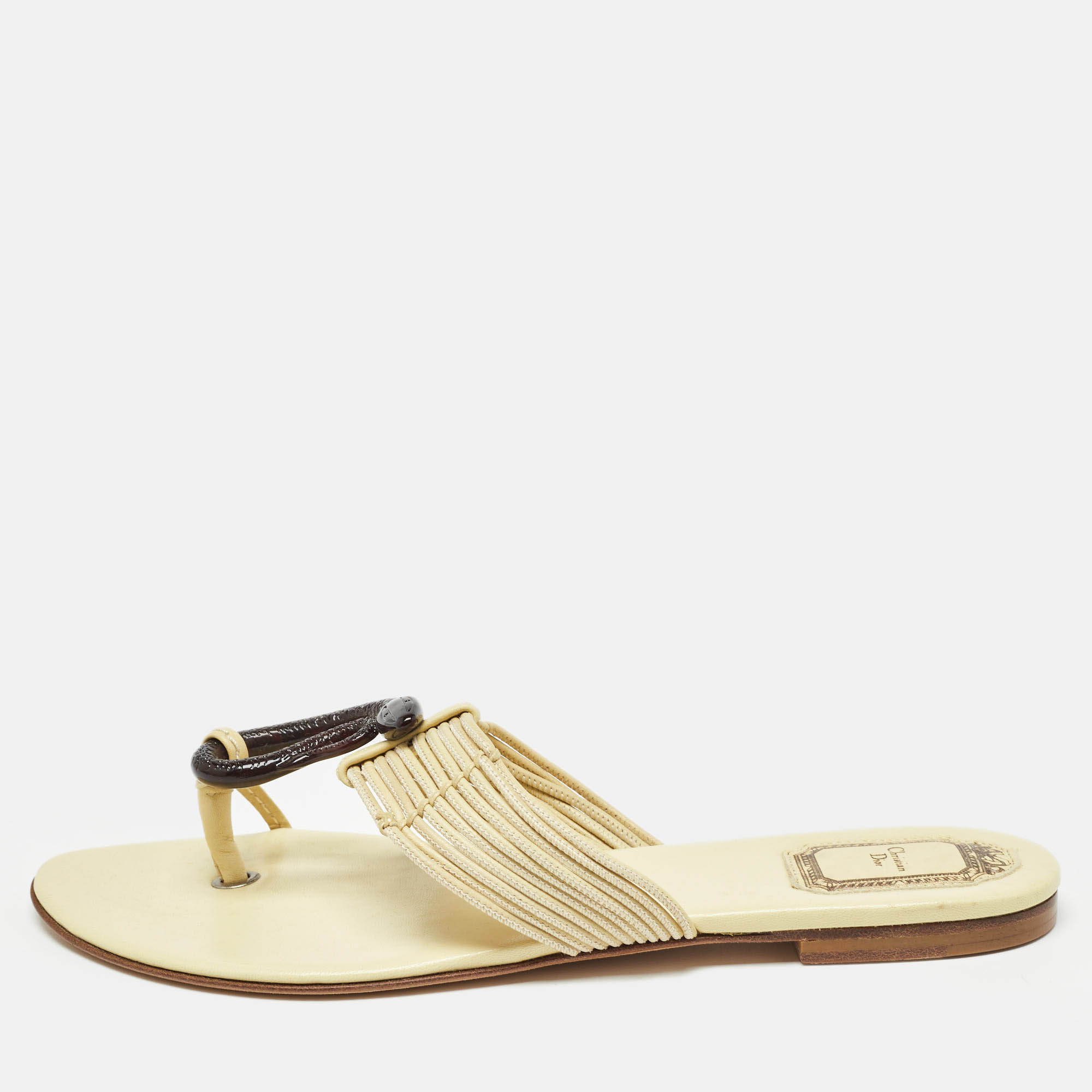 Dior Light Yellow Leather Strappy Serpent Toe Ring Slide Flats Size 38.5