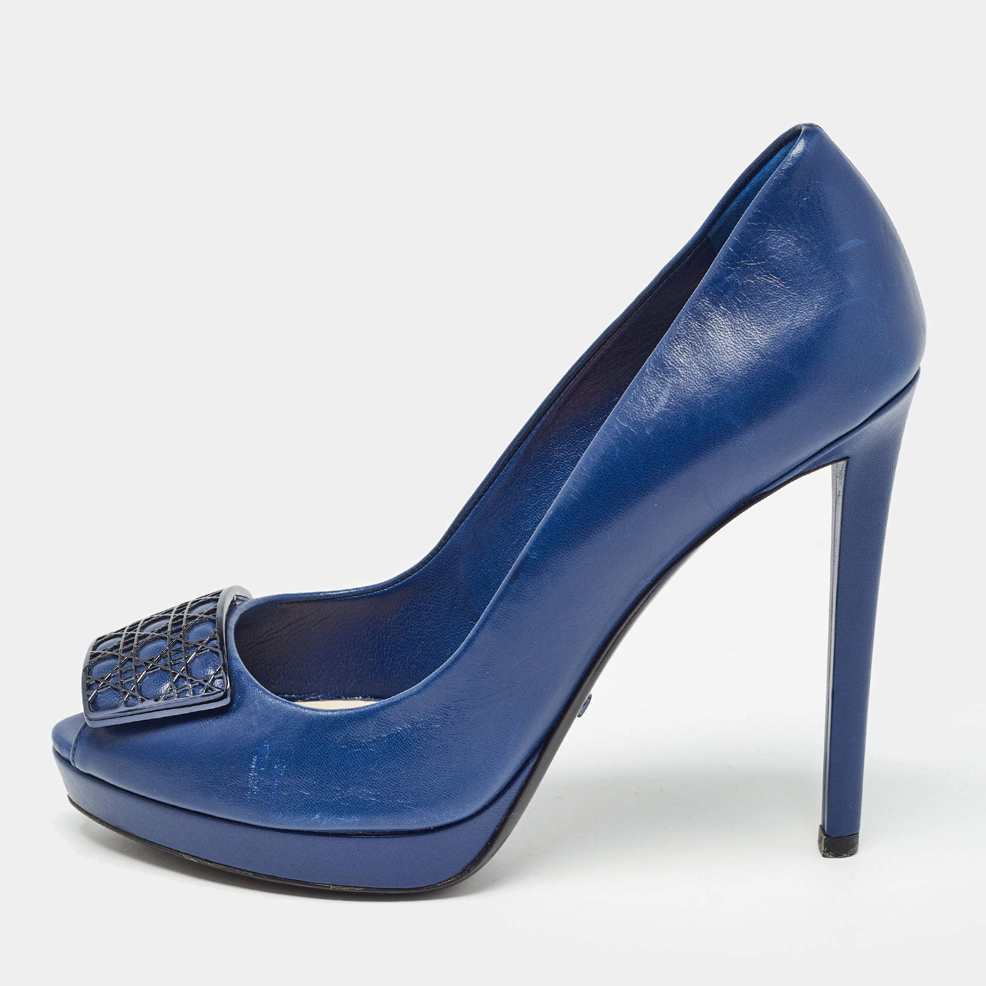 Dior Blue Leather Cannage Plaque Platform Peep Toe Pumps Size 38