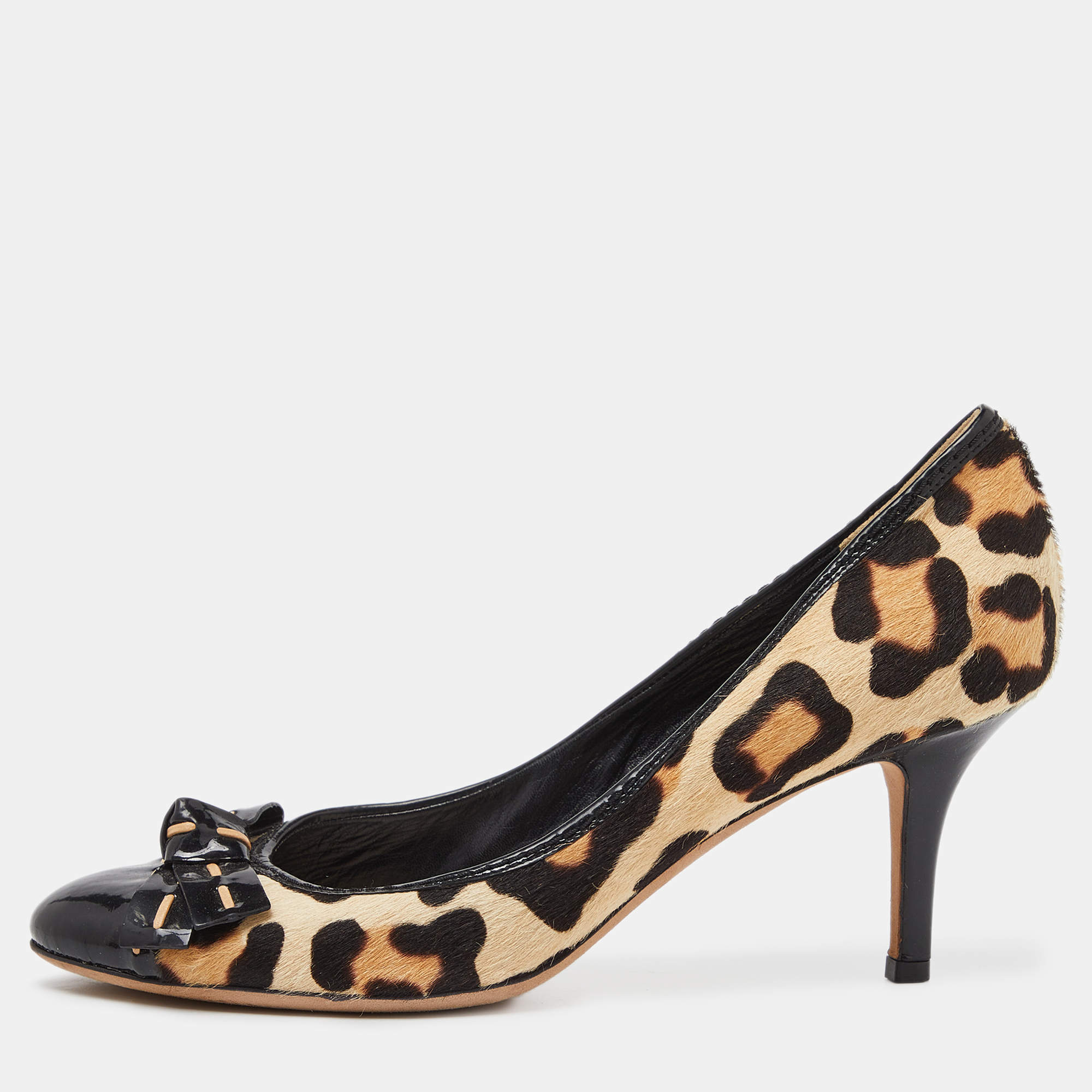 Dior Black/Beige Leopard Print Calf Hair and Patent Bow Pumps Size 39