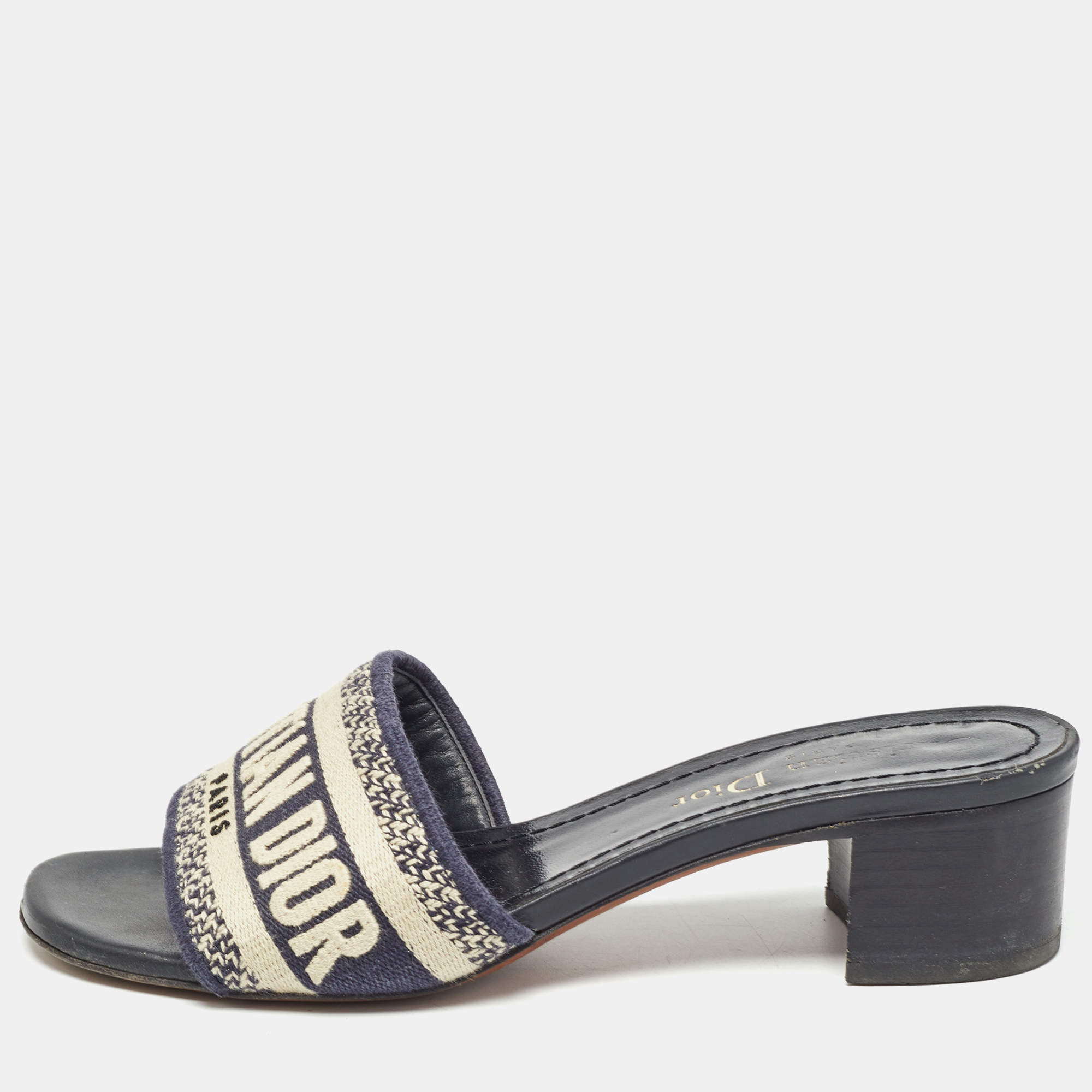 Dior Beige/Blue Canvas Dway Open Toe Slide Sandals Size 34