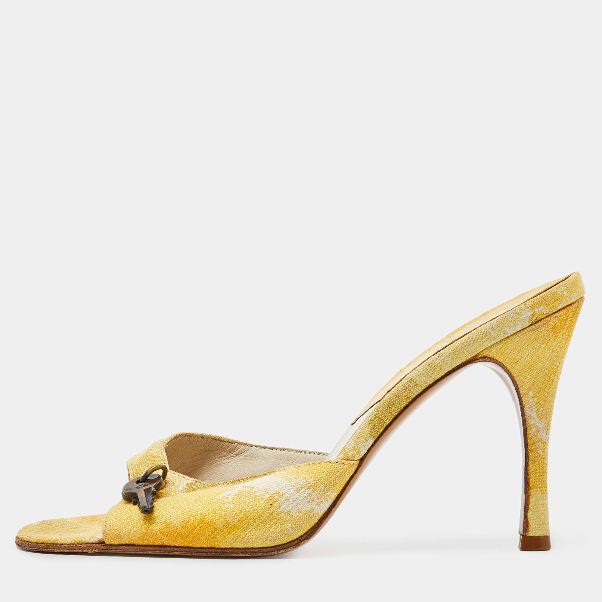 Dior Yellow Printed Canvas Padlock Slide Sandals Size 38