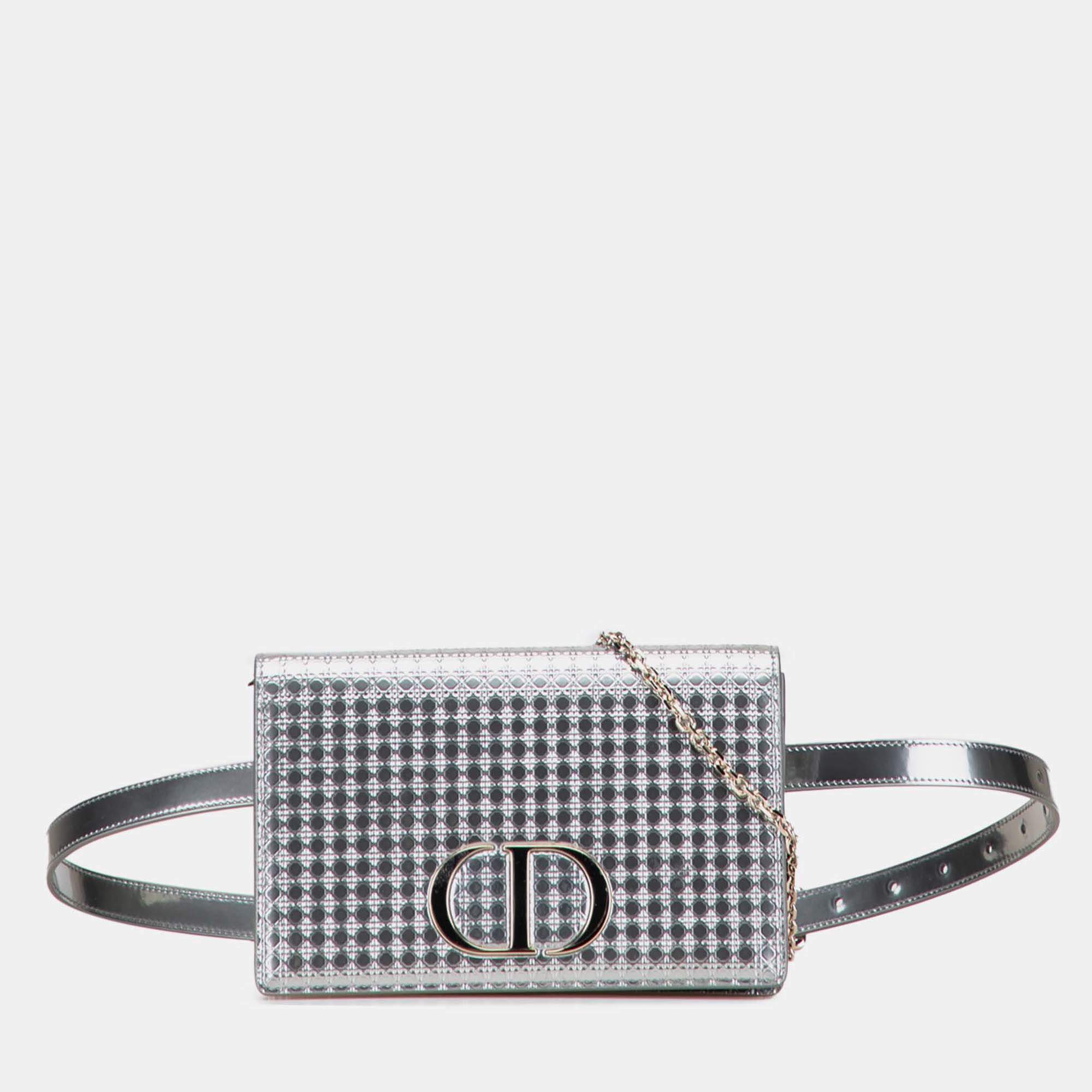 Pre Owned Dior Silver Metallic Patent Microcannage 2 in 1 30 Montaigne Pouch