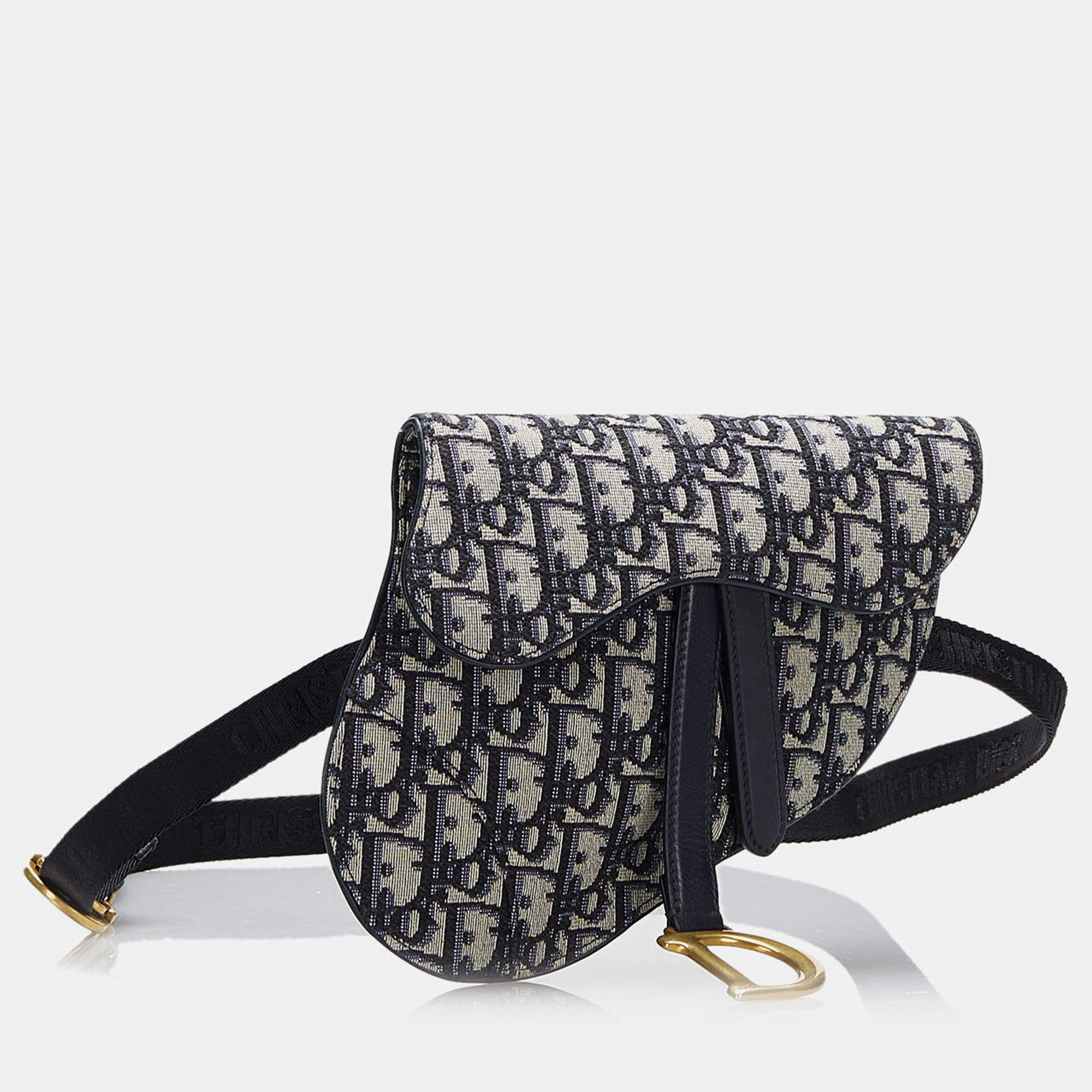 Pre Owned Dior Beige/Navy Blue Oblique Canvas Saddle Belt Bag