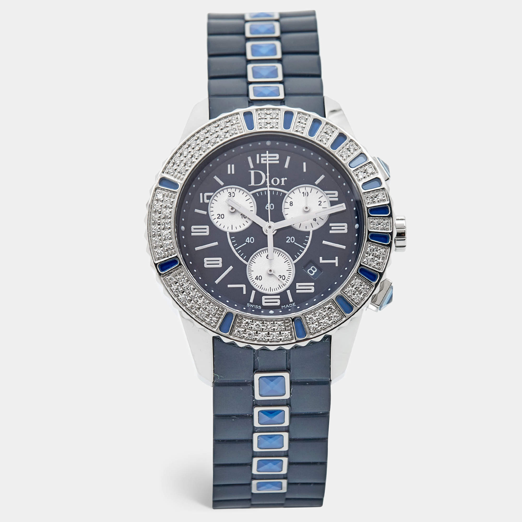Dior Blue Diamonds Stainless Steel Rubber Christal CD11431IR001 Women's Wristwatch 38 mm 