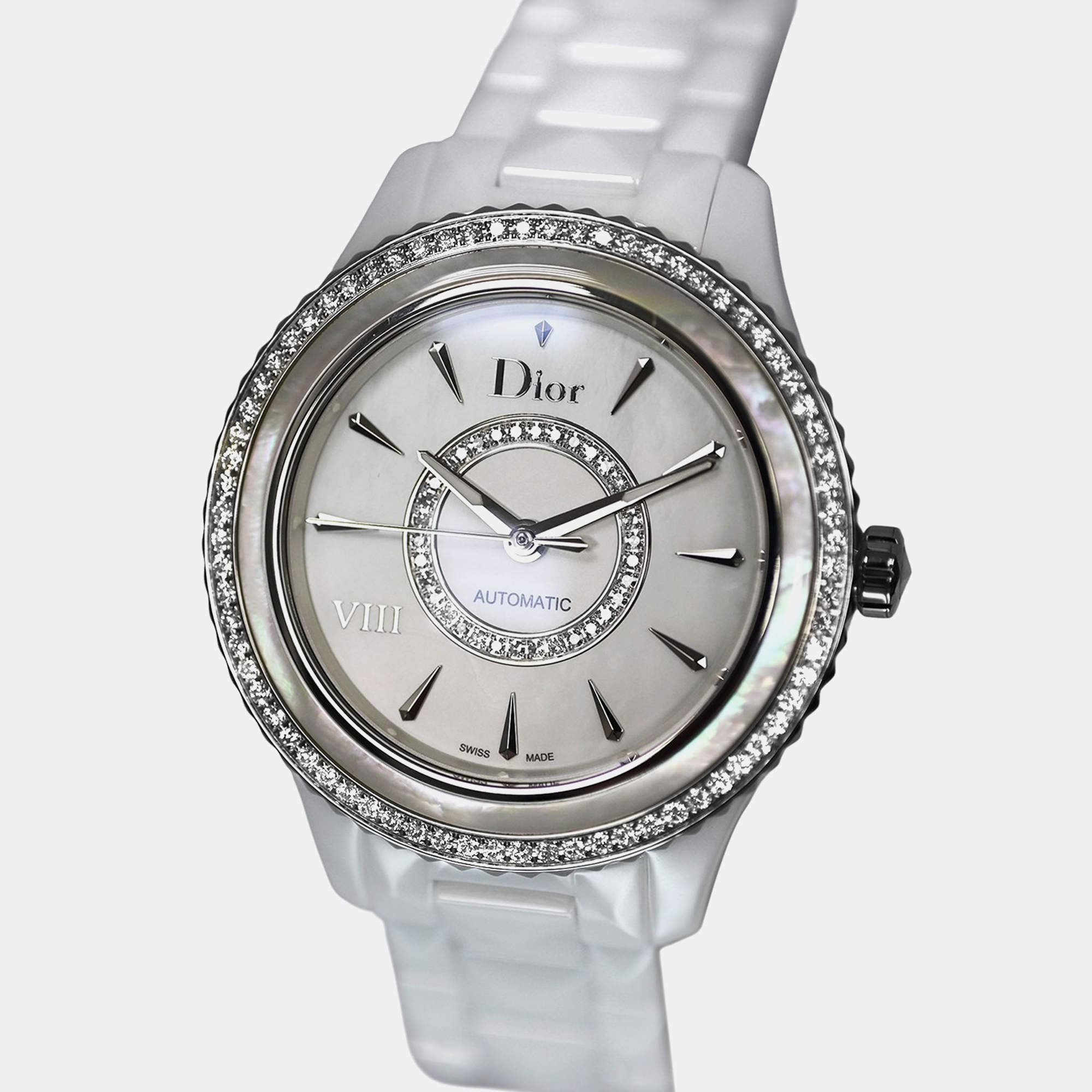 Pre Owned Christian Dior VIII Montaigne CD1245E9C001 Quartz White Diamond Mother of Pearl Ceramic Women's Wristwatch 39 mm