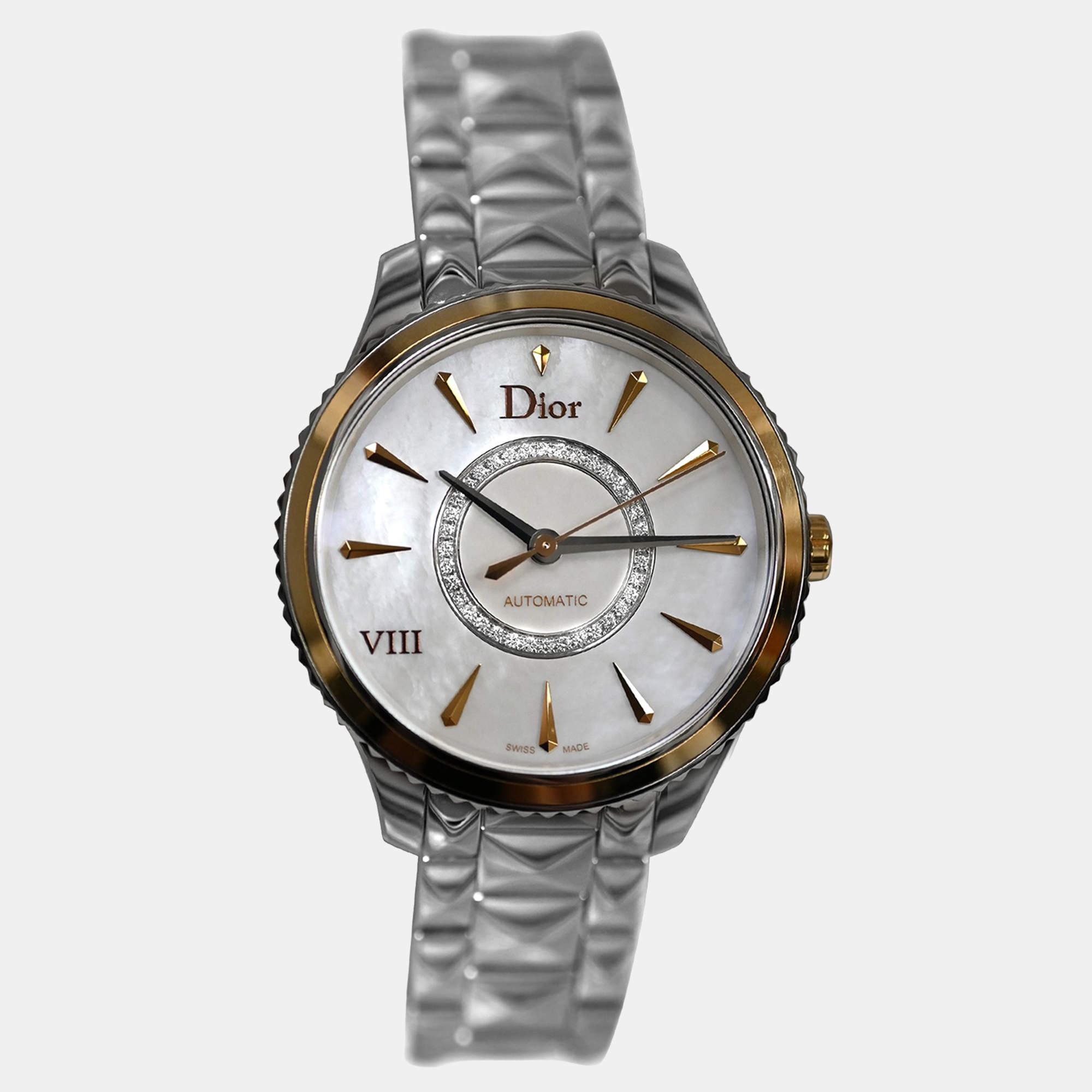 Pre Owned Dior VIII Montaigne CD1535I0M001 Automatic Diamond Mother of Pearl 18K Yellow Gold Stainless Steel Women's Wristwatch 36 mm