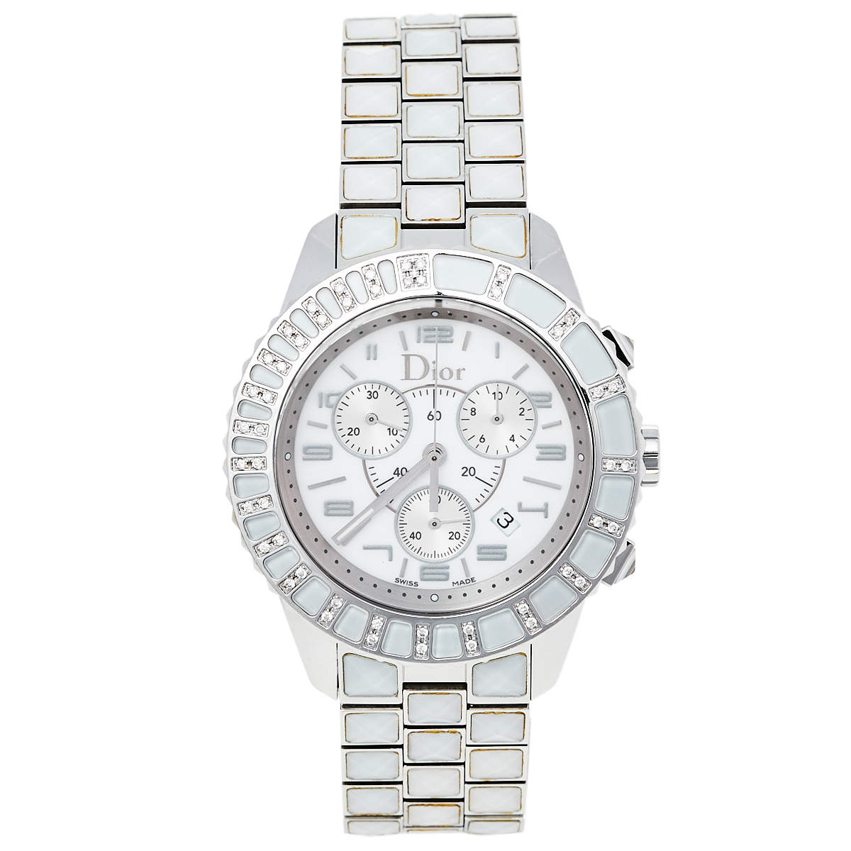 Pre Owned Dior White Stainless Steel Diamonds Christal CD114311M001 Women's Wristwatch 38 mm