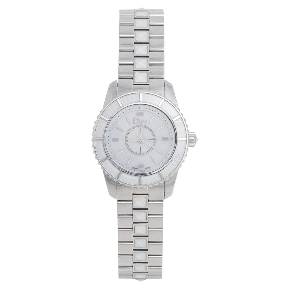 Pre Owned Dior White Stainless Steel Christal CD112112 Women's Wristwatch 28.5 mm
