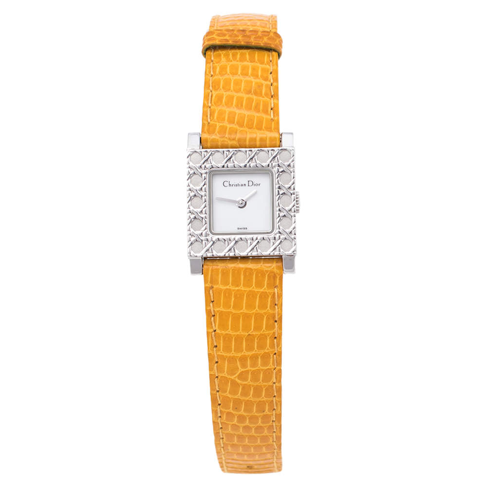 Pre Owned Christian Dior White Stainless Steel Leather La Parisenne D60109 Women's Wristwatch 19 mm