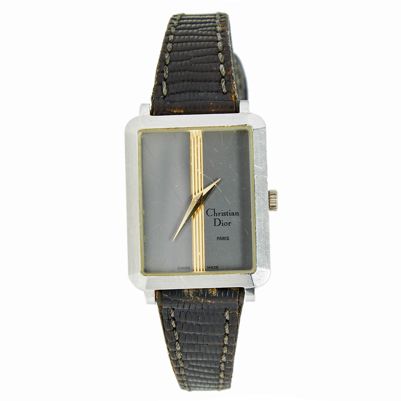 Pre Owned Christian Dior Grey Stainless Steel Leather Vintage 22699 Women's Wristwatch 22 mm