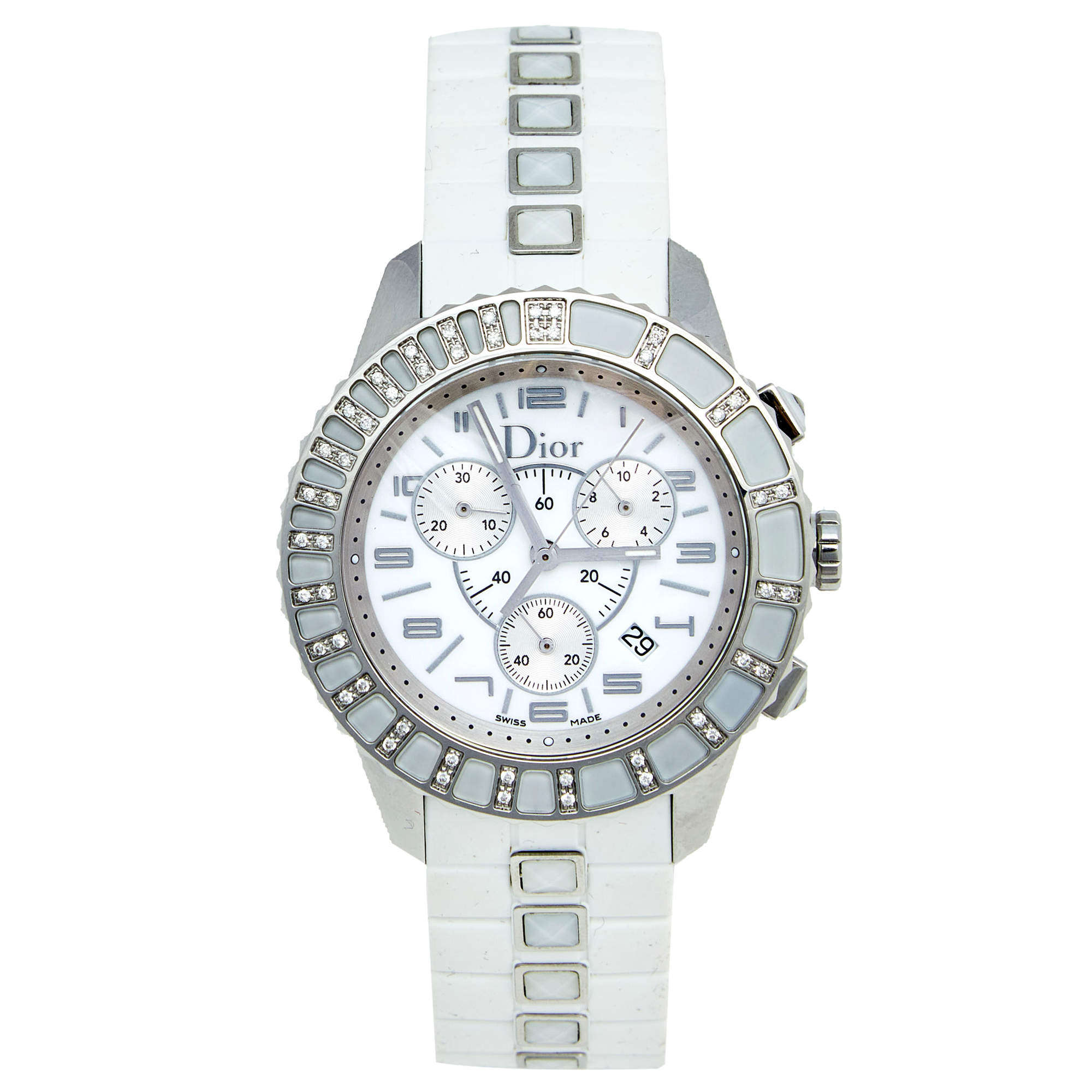 Pre Owned Dior White Stainless Steel Diamond Rubber Christal CD114311R001 Women's Wristwatch 38 mm