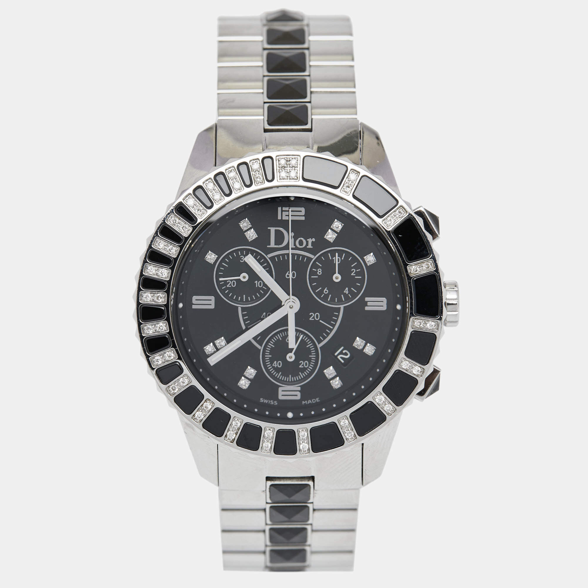 Pre Owned Dior Black Stainless Steel Diamond Christal CD11431E Women's Wristwatch 38 mm