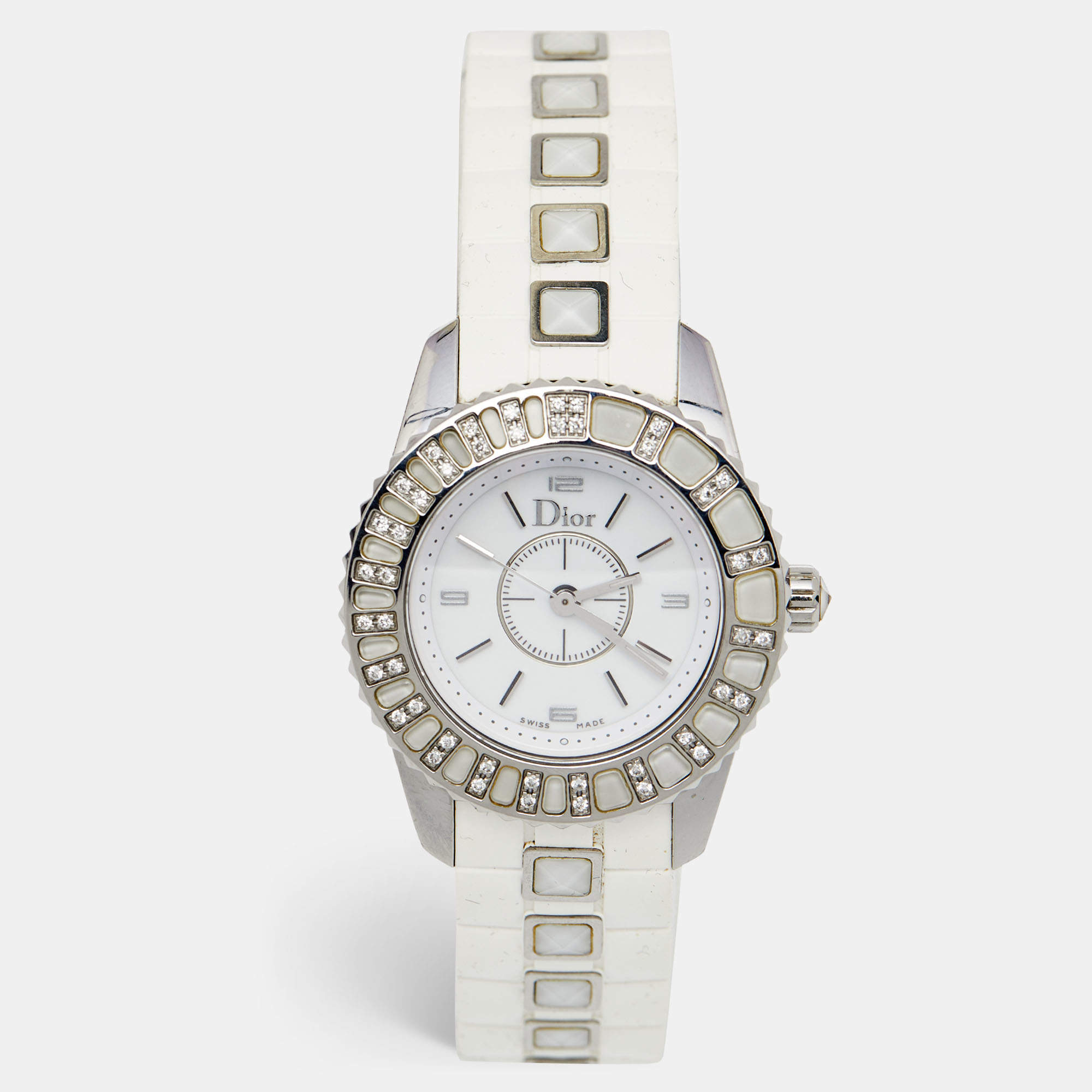 Dior White Stainless Steel Rubber Diamonds Christal CD112113R001 Women's Wristwatch 28 mm