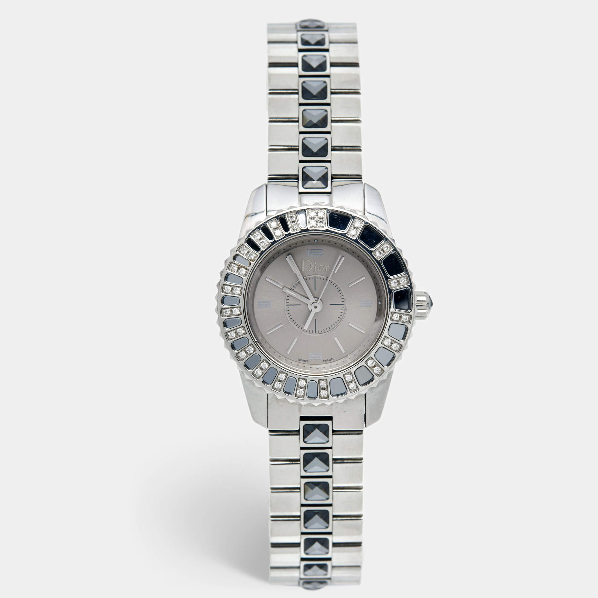Pre Owned Dior Grey Stainless Steel Christal CD112115M001 Women's Wristwatch 29 mm