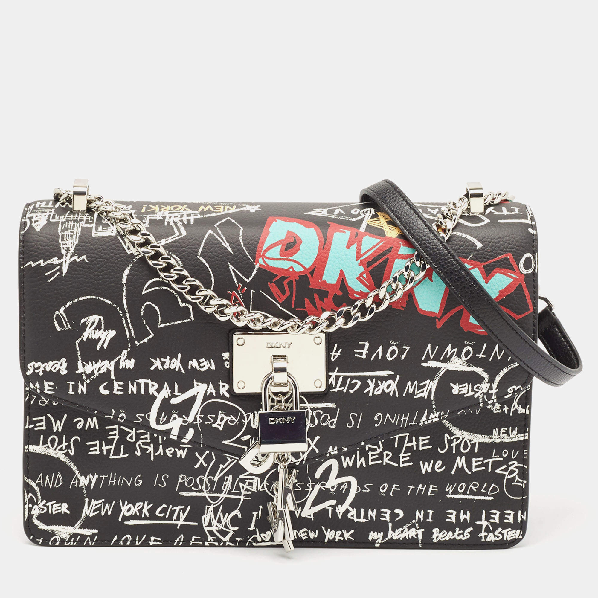 Pre Owned Dkny Black Graffiti Print Leather Elissa Chain Shoulder Bag