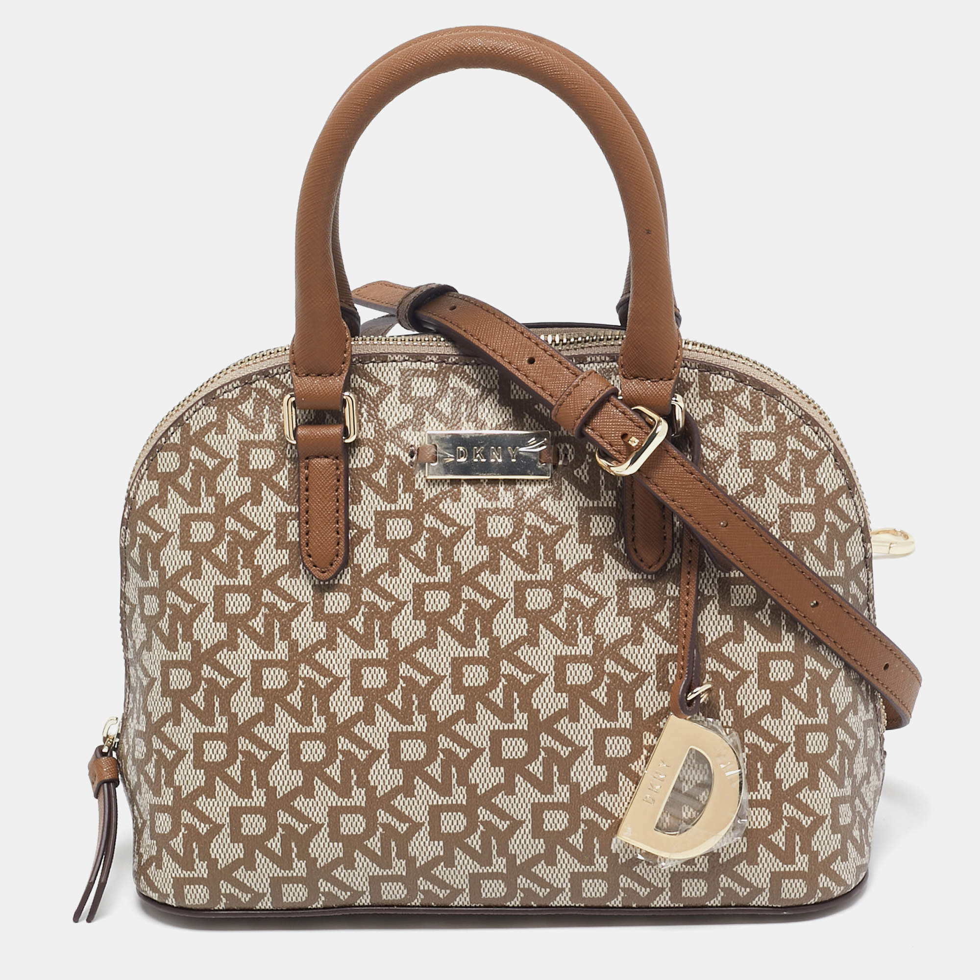 Pre Owned Dkny Beige/Brown Signature Coated Canvas and Leather Small Dome Satchel