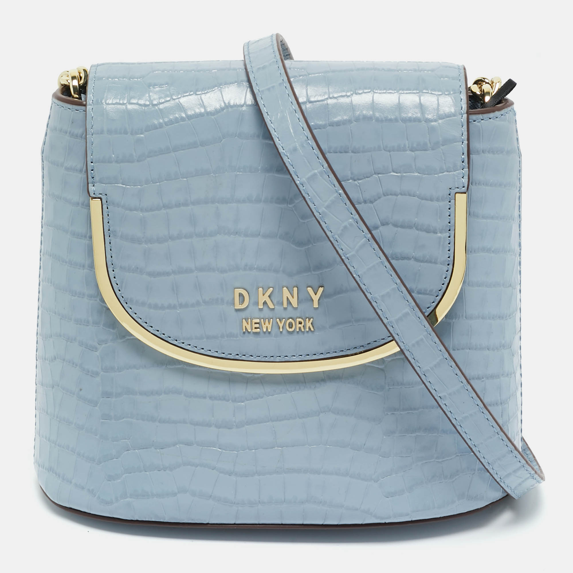 Pre Owned DKNY Light Blue Croc Embossed Leather Faith Flap Bucket Bag