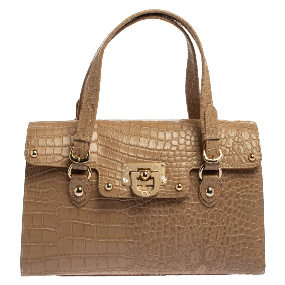 Pre Owned DKNY Beige Croc Embossed Leather Satchel