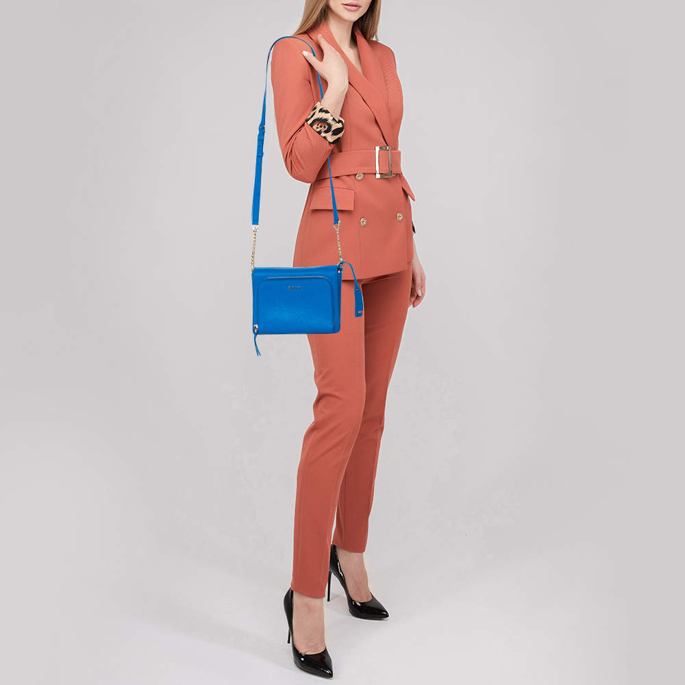 DKNY Bryant Park Blue Saffiano Leather Mini Front Flap Cross-Body Bag