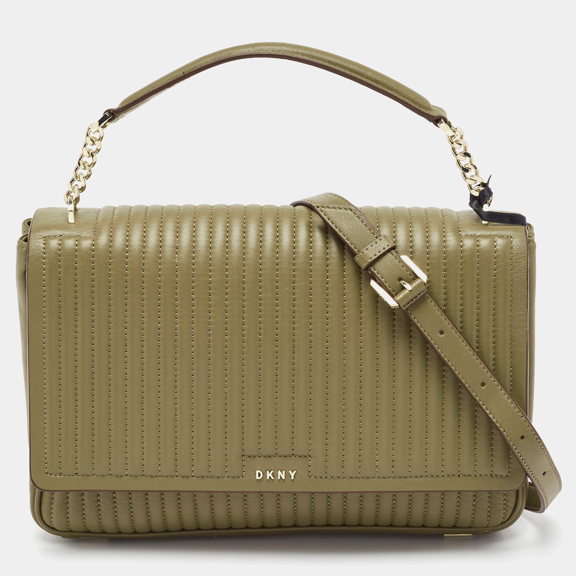 Pre Owned DKNY Olive Green Pinstripe Quilted Leather Large Gansevoort Top Handle Bag